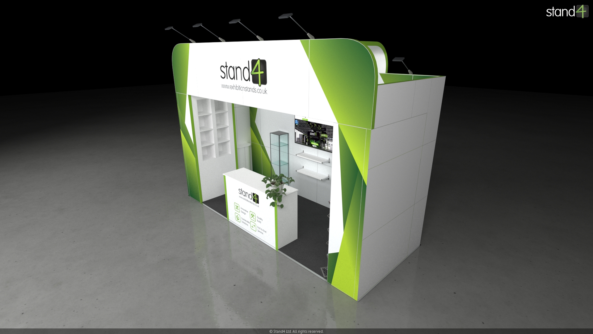 Wengen_2 3D rendering of a semi-enclosed exhibition stand featuring a large overarching canopy with arm lights. The space includes a front reception counter, built-in side shelving, a backwall with a digital screen and floating shelves flanked by two tall glass display cabinets, alongside a small meeting area with a round high table, two bar stools, and a literature rack.