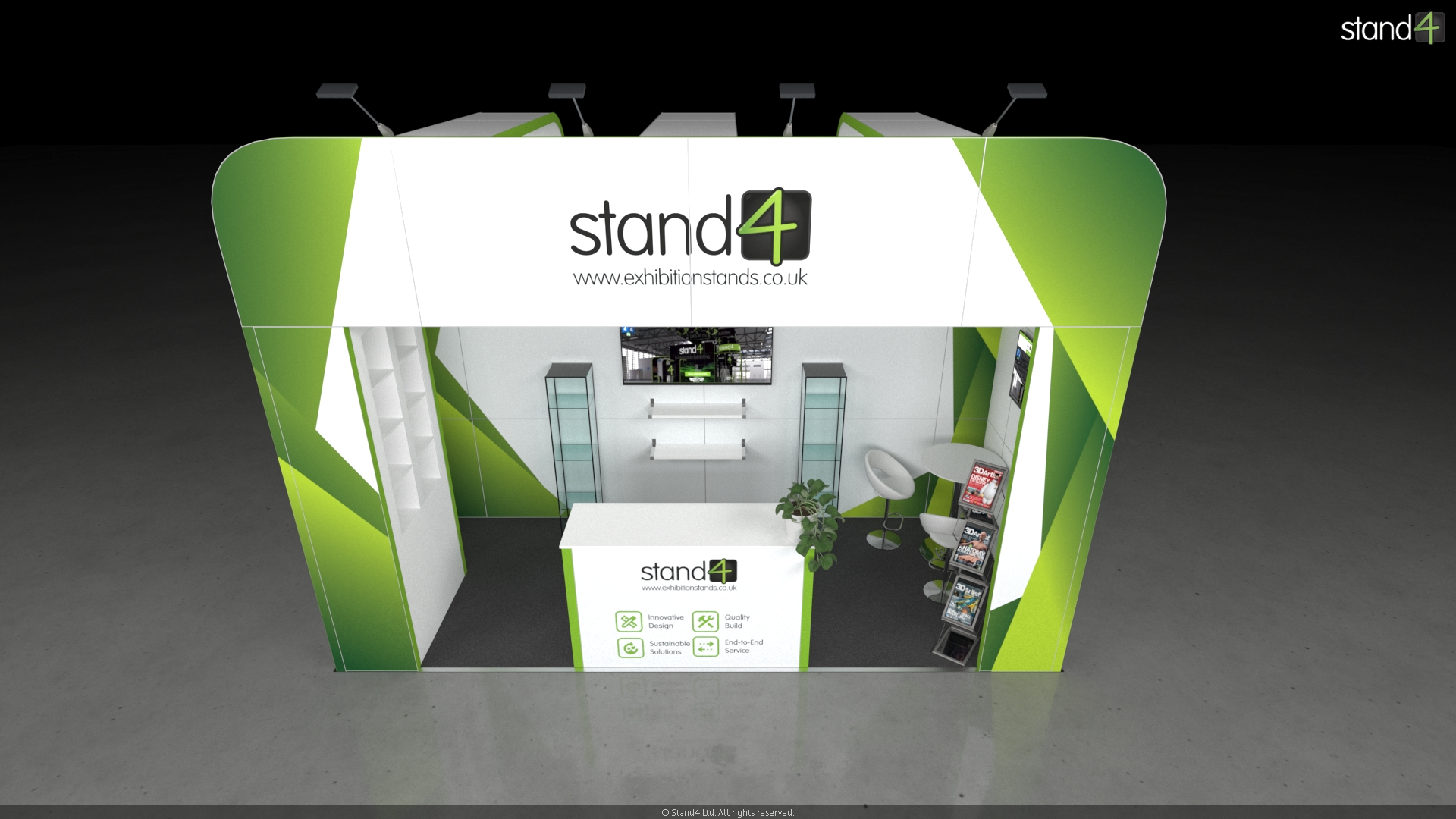 Wengen_3 3D rendering of a semi-enclosed exhibition stand featuring a large overarching canopy with arm lights. The space includes a front reception counter, built-in side shelving, a backwall with a digital screen and floating shelves flanked by two tall glass display cabinets, alongside a small meeting area with a round high table, two bar stools, and a literature rack.