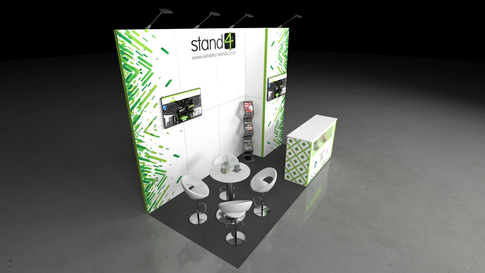 Minimalist exhibition booth with white walls, two screens, bar stools, a round table, and a brochure counter on a grey platform inside a large industrial hall.