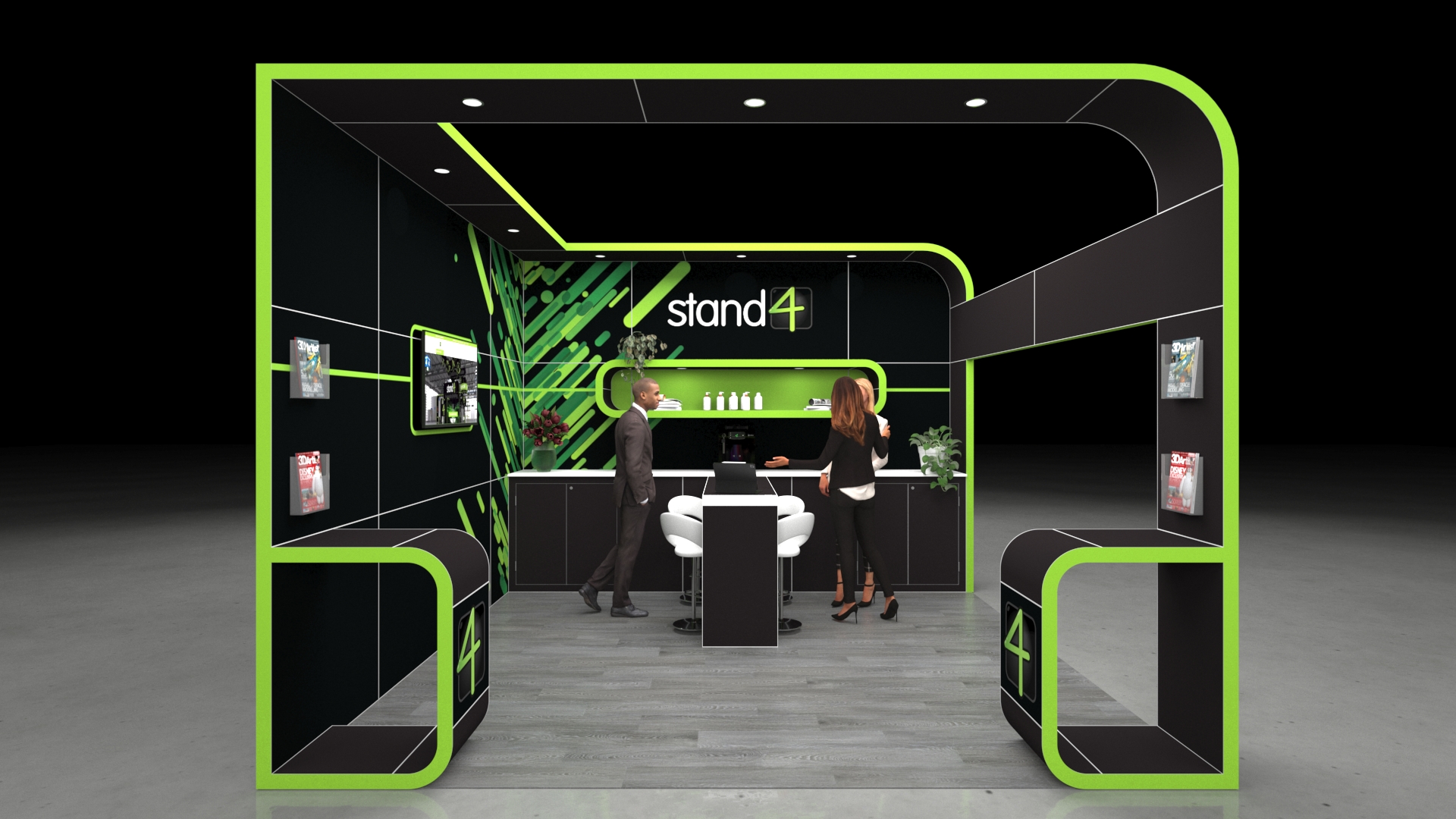 A 4x4 Modern exhibition stand with rounded rectangular frame, central counter, seating area, back wall shelving, and open side displays.