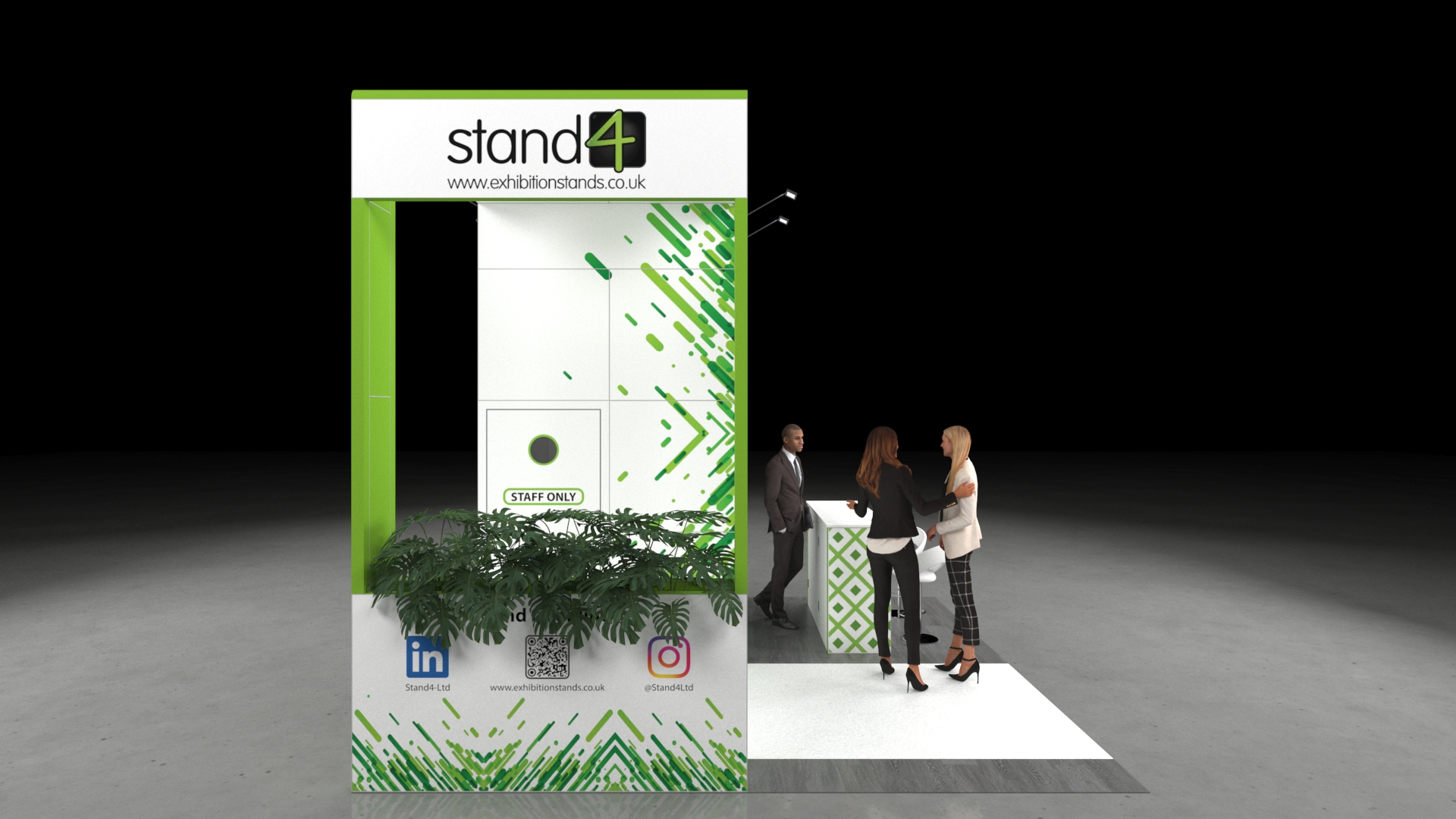 Chinley_4 Full view of a 4x4m modular exhibition stand featuring a tall main store, a separate entrance arch, a straight counter, two bar stools, and a floor planter.
