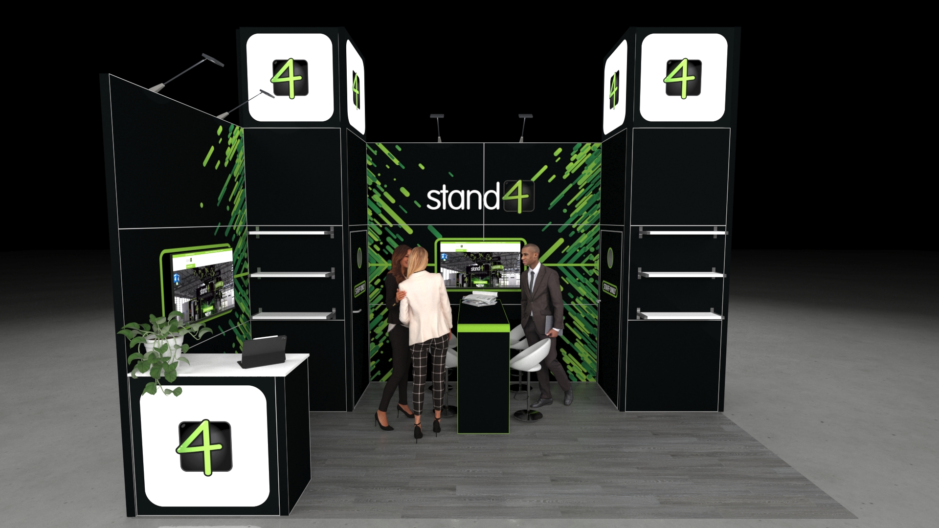 Professional exhibition stand with reception counter (left), central integrated desk, two storage rooms, two TV screens, shelving, and top LED light boxes.