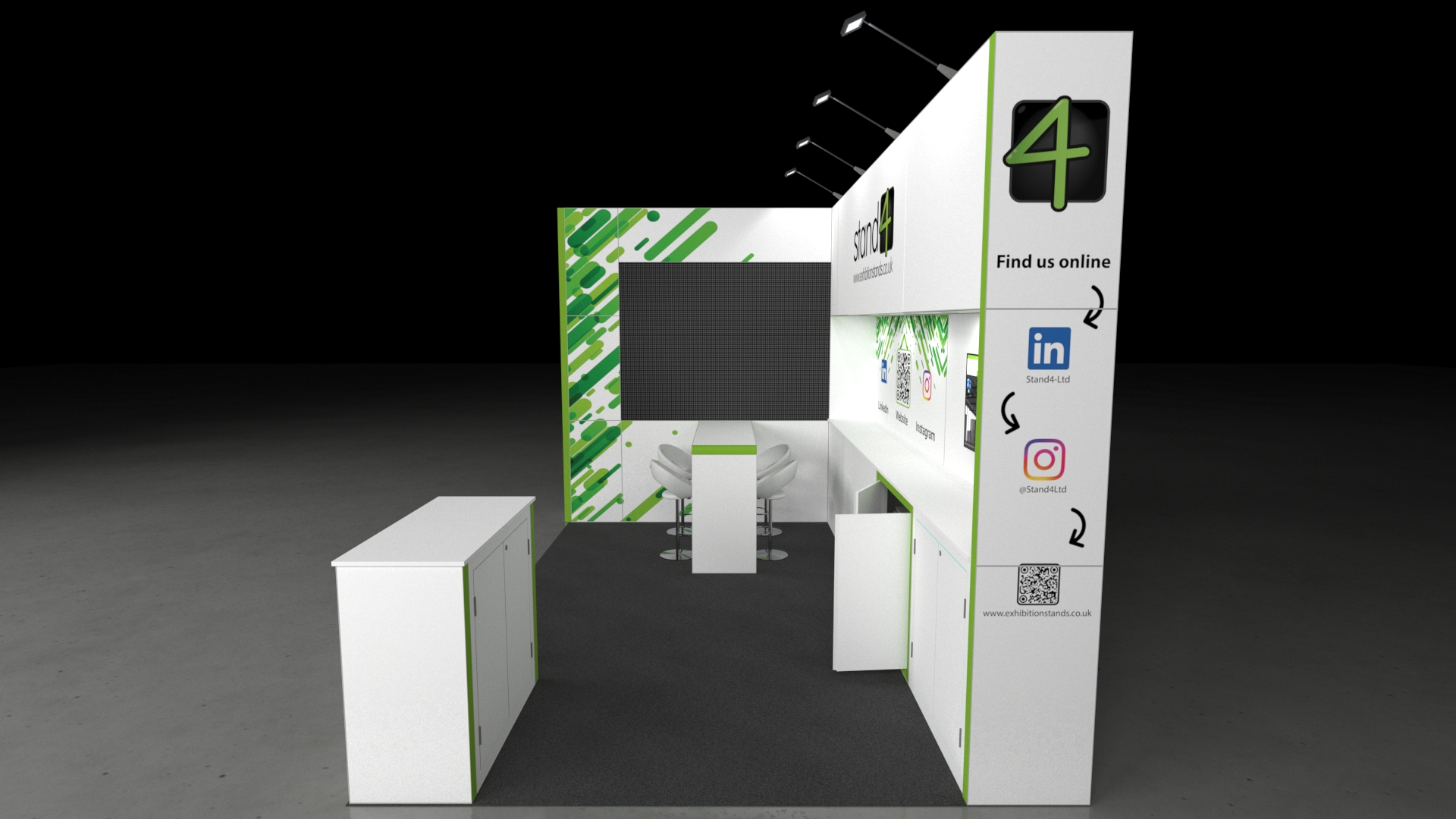 Newport_3 A professional, brightly lit 5x3-meter modular exhibition stand with advanced media capabilities. The stand features a large black LED video wall on the left side. To the right of the LED wall is a small, semi-private bar-height table with three white stools. The back wall includes a secondary display monitor, lockable cabinets, an integrated mini-fridge, and prominent branding areas. A single branded counter unit sits in the right foreground.