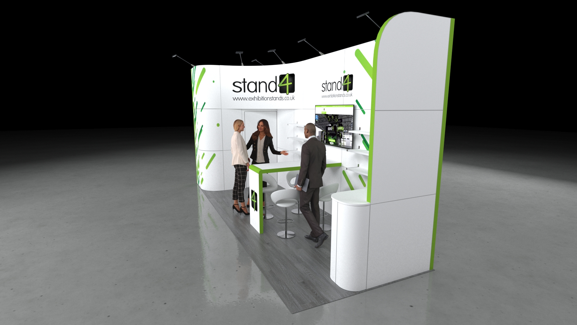 Boston_2 A contemporary 6x2m modular exhibition stand with curved back panels. The stand features a central display counter with seating, an integrated video screen, product shelving, and a concealed storage cupboard behind a door. The floor is light wood on a darker grey background.
