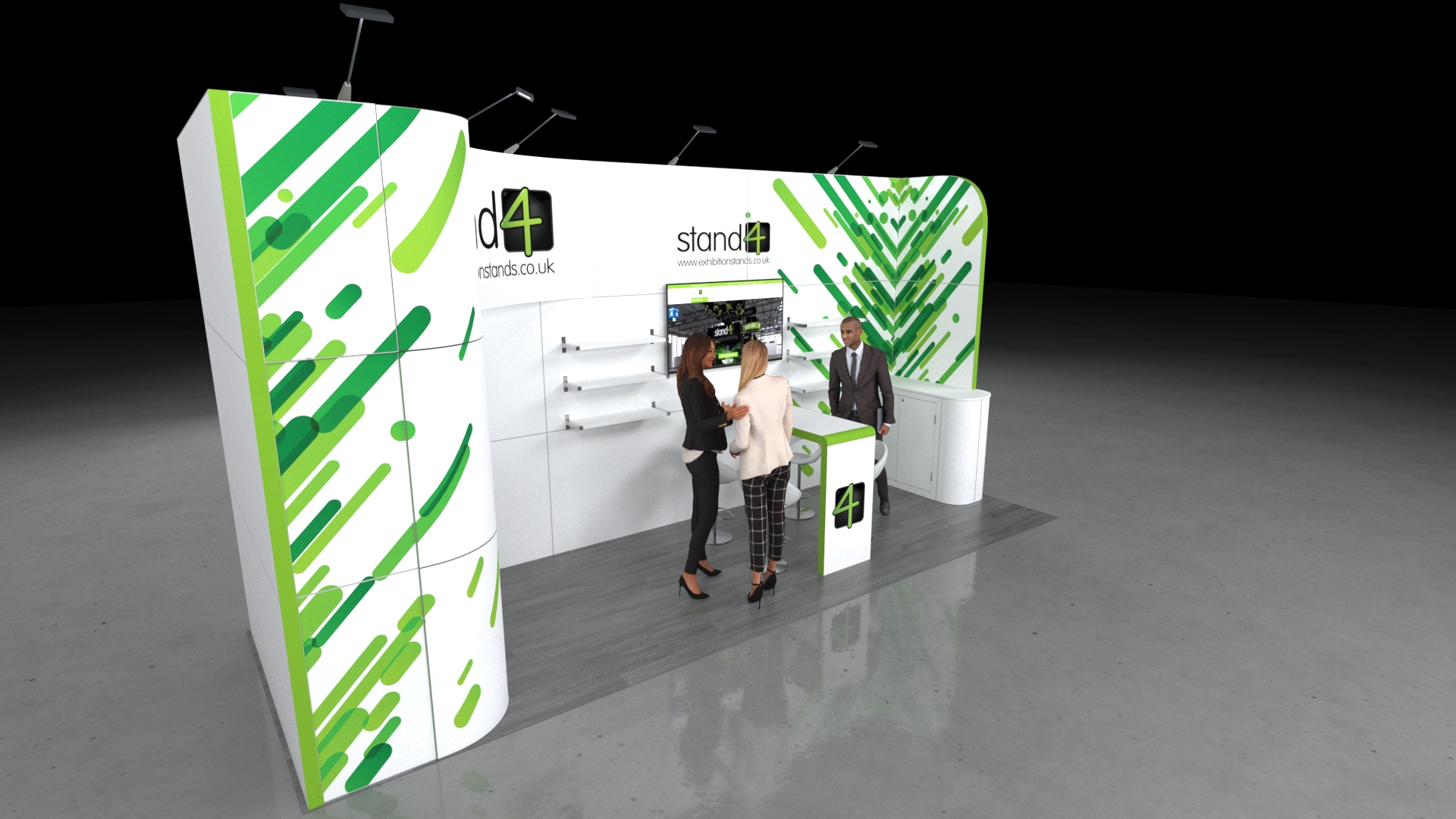 Boston_3 A contemporary 6x2m modular exhibition stand with curved back panels. The stand features a central display counter with seating, an integrated video screen, product shelving, and a concealed storage cupboard behind a door. The floor is light wood on a darker grey background.