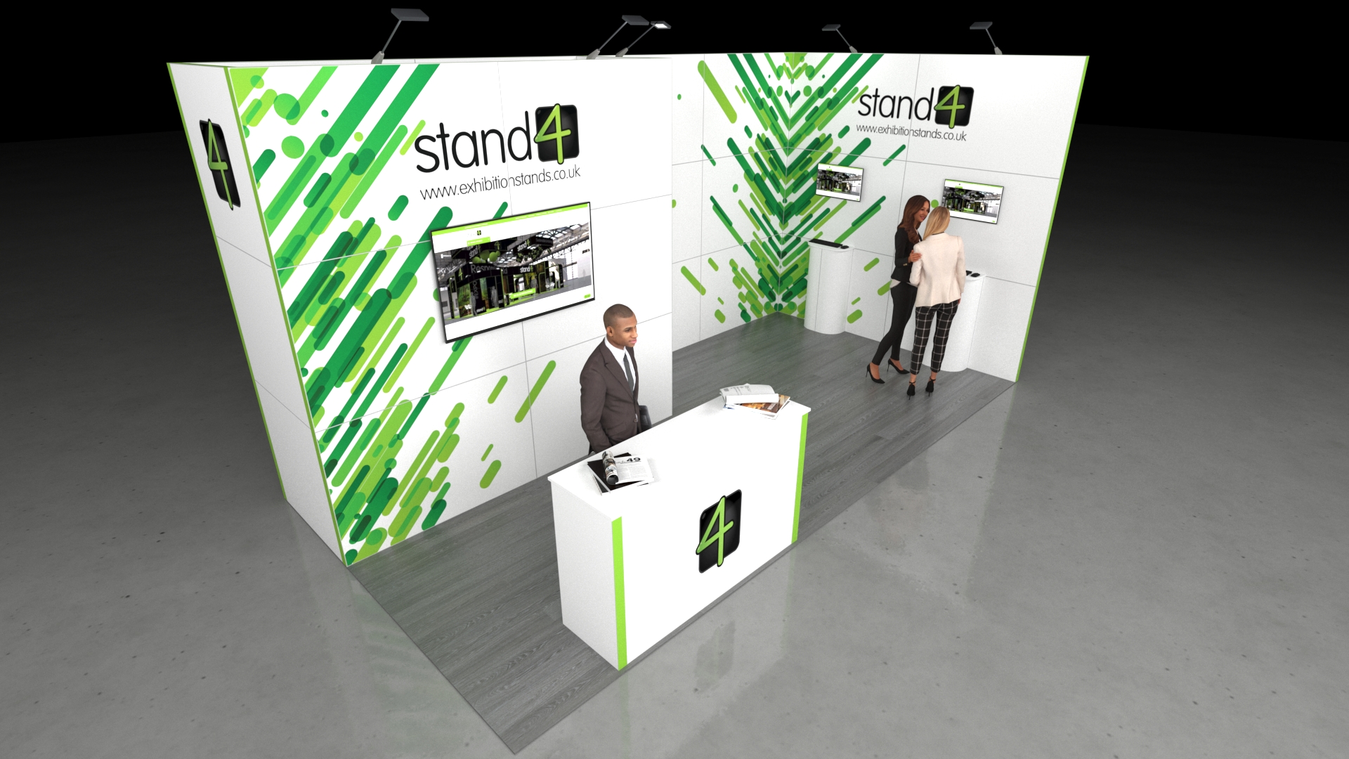 A professional 6x3m modular exhibition stand featuring an L-shaped back wall. The stand includes a large reception desk, multiple integrated monitors/media screens, and plinths for product demonstration. The back wall contains a hidden lockable storage room. The stand is shown on a grey wooden floor against a black background.