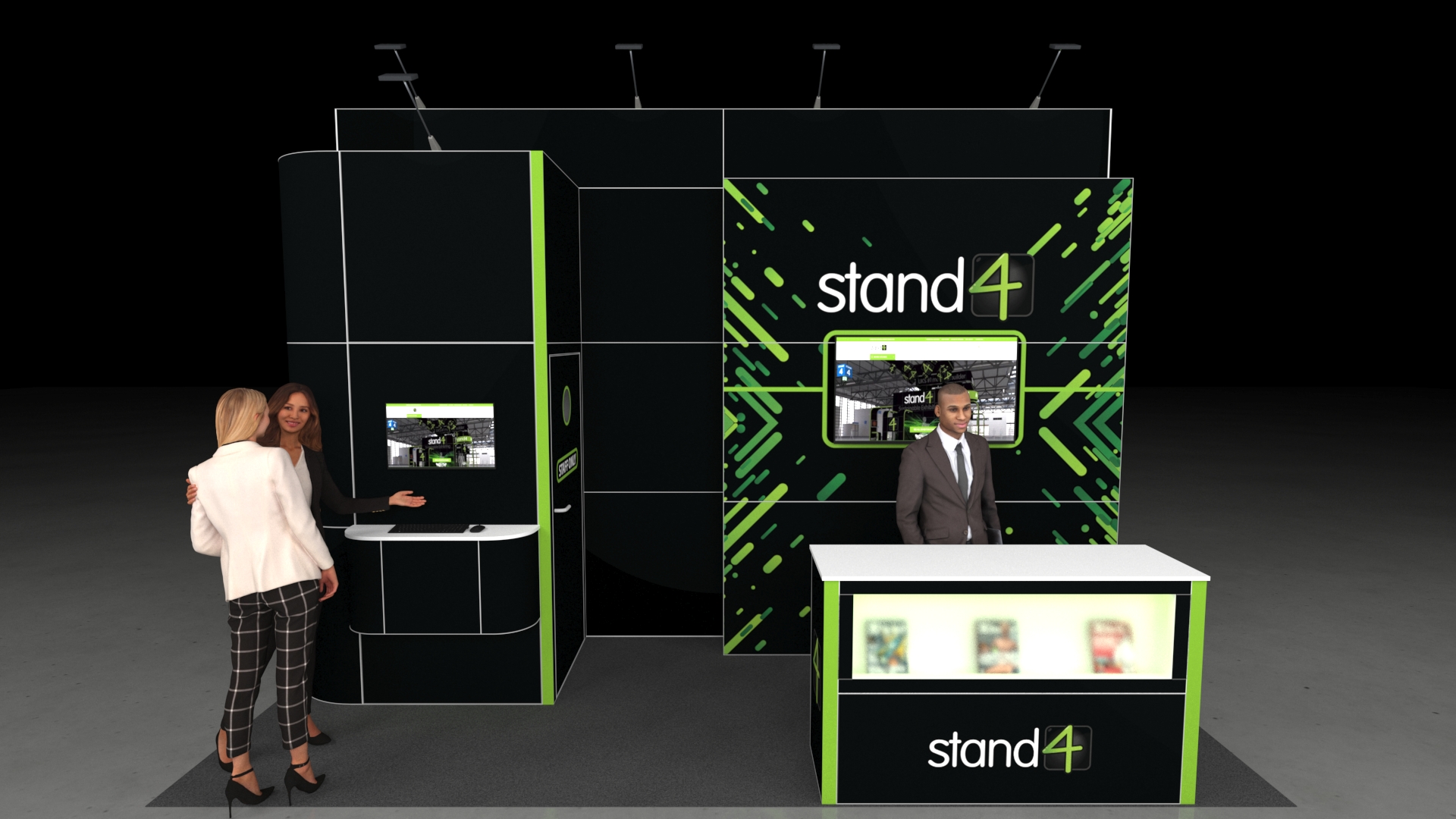 5x2 meter L-shaped modular exhibition stand. It includes a main wall with a display screen, a front reception counter, a curved side wall with a workstation, and a Staff Only door for storage.