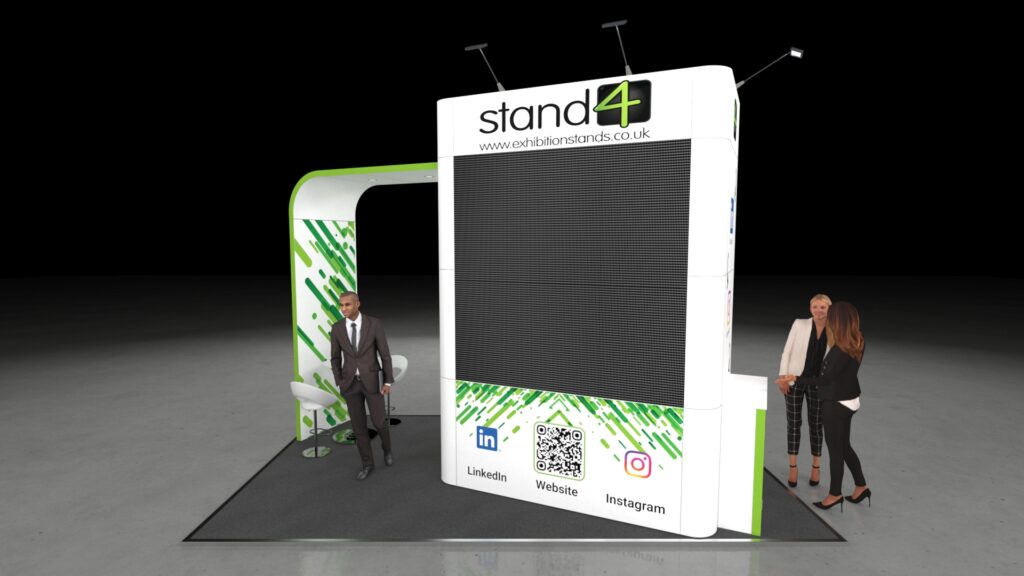 Exhibition stand design highlighting LED video screen walls, a private internal consultation area with seating, and hidden storage for a professional display.