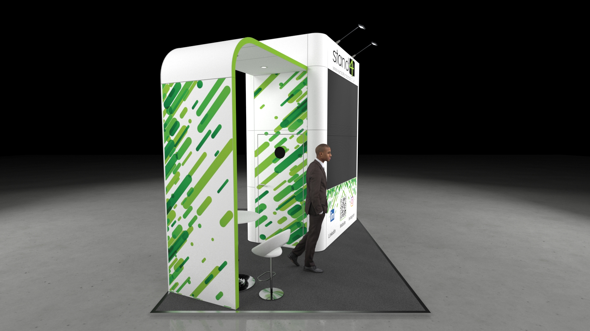 Maidstone_1 Exhibition stand design highlighting LED video screen walls, a private internal consultation area with seating, and hidden storage for a professional display.