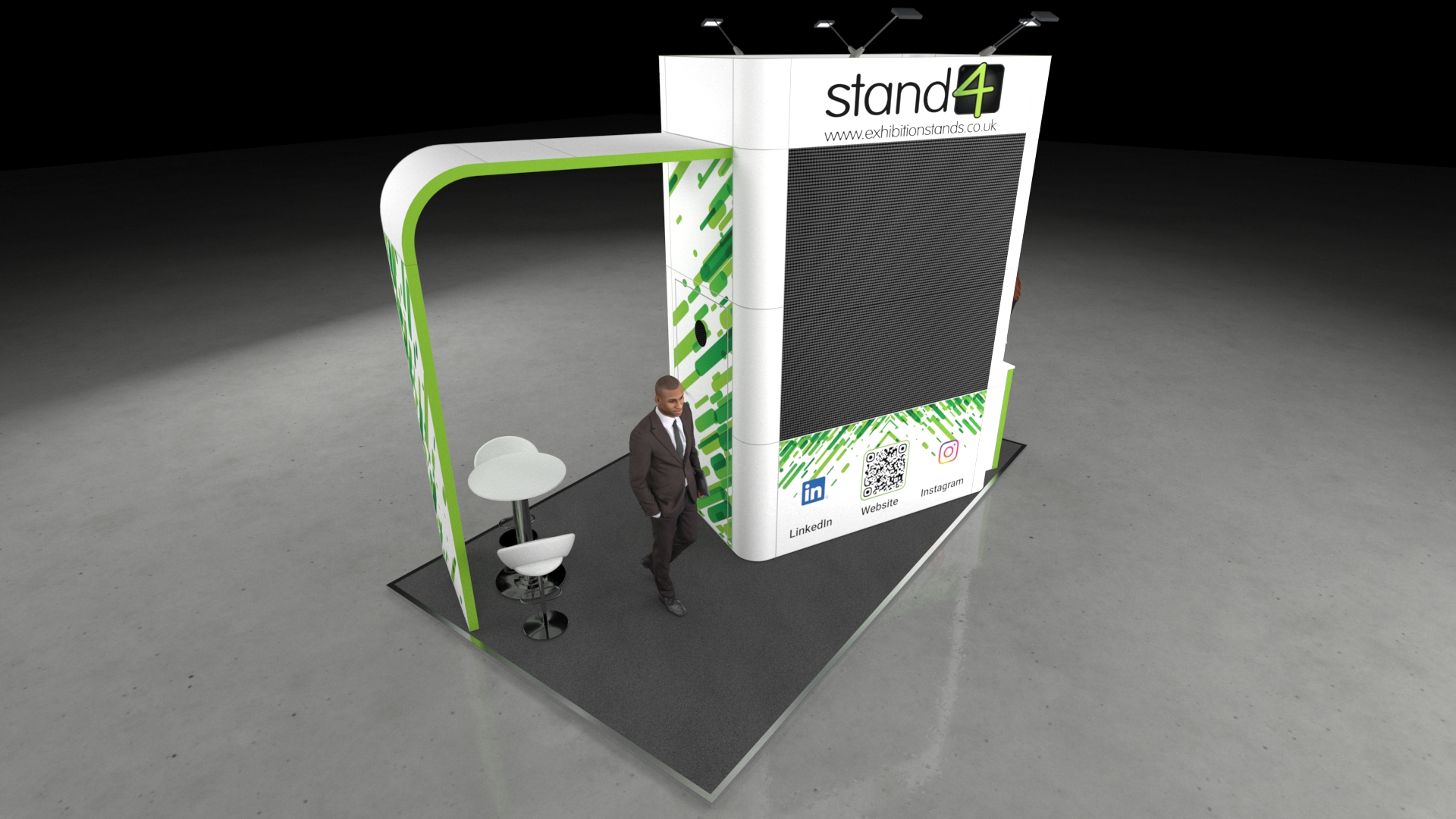 Maidstone_2 Exhibition stand design highlighting LED video screen walls, a private internal consultation area with seating, and hidden storage for a professional display.