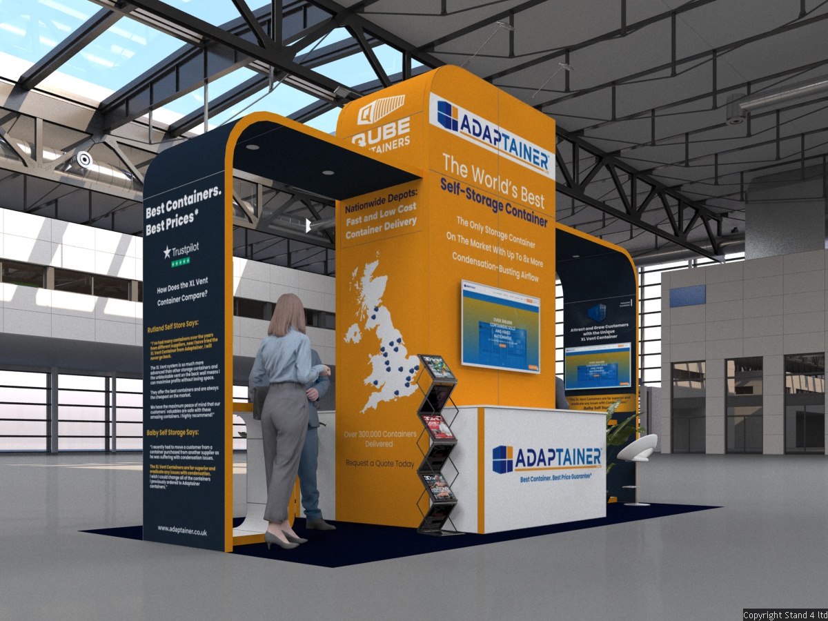 Exhibition stand featuring a tall central tower with a large digital screen, flanked by two curved, arched side panels. Includes a reception counter and a small seating area.