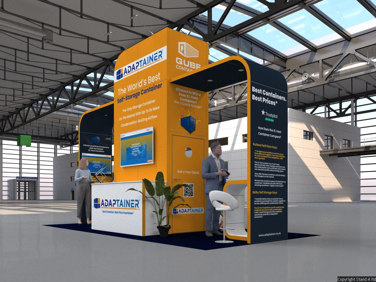 Exhibition stand featuring a tall central tower with a large digital screen, flanked by two curved, arched side panels. Includes a reception counter and a small seating area.