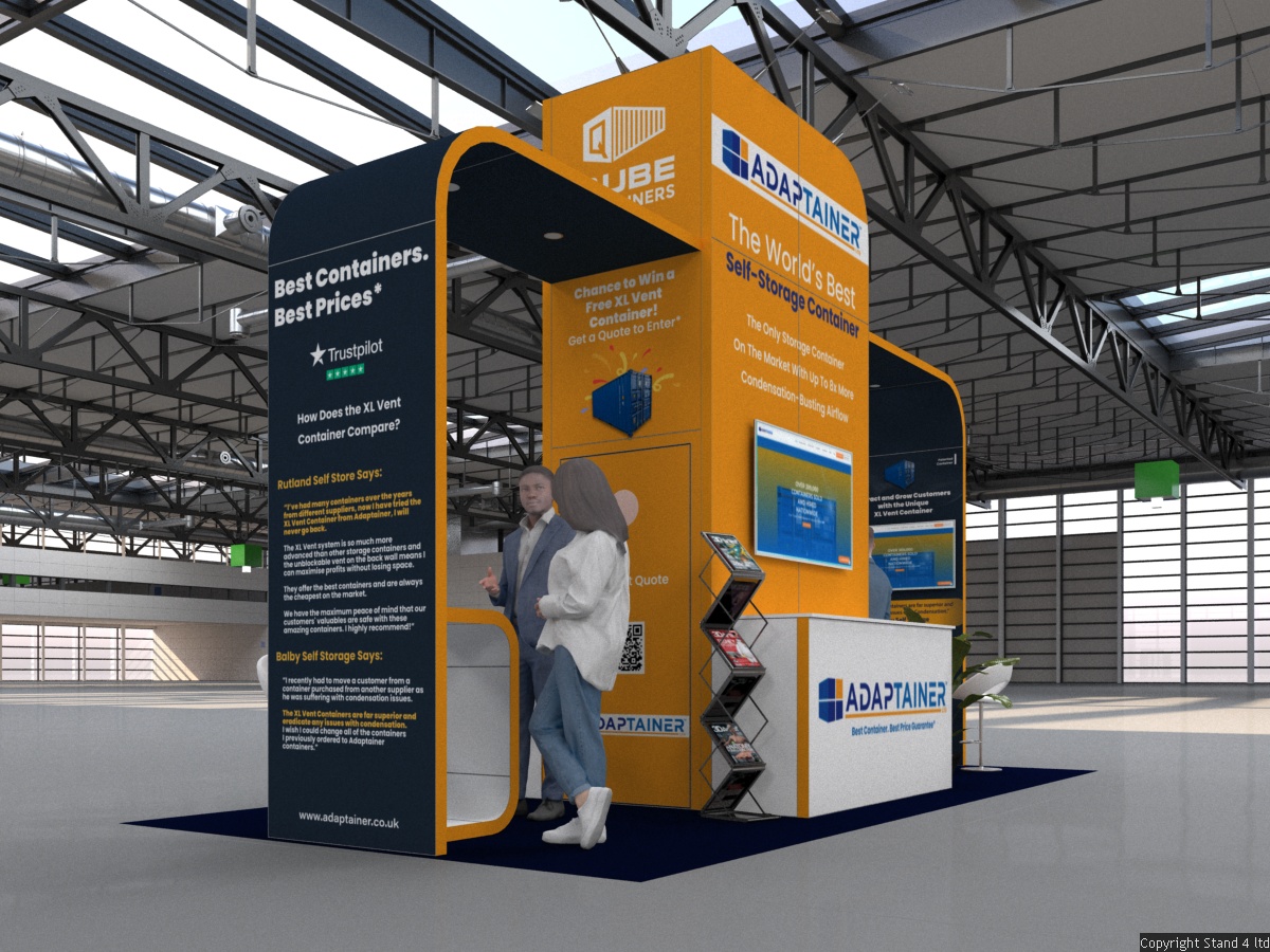 Exhibition stand featuring a tall central tower with a large digital screen, flanked by two curved, arched side panels. Includes a reception counter and a small seating area.