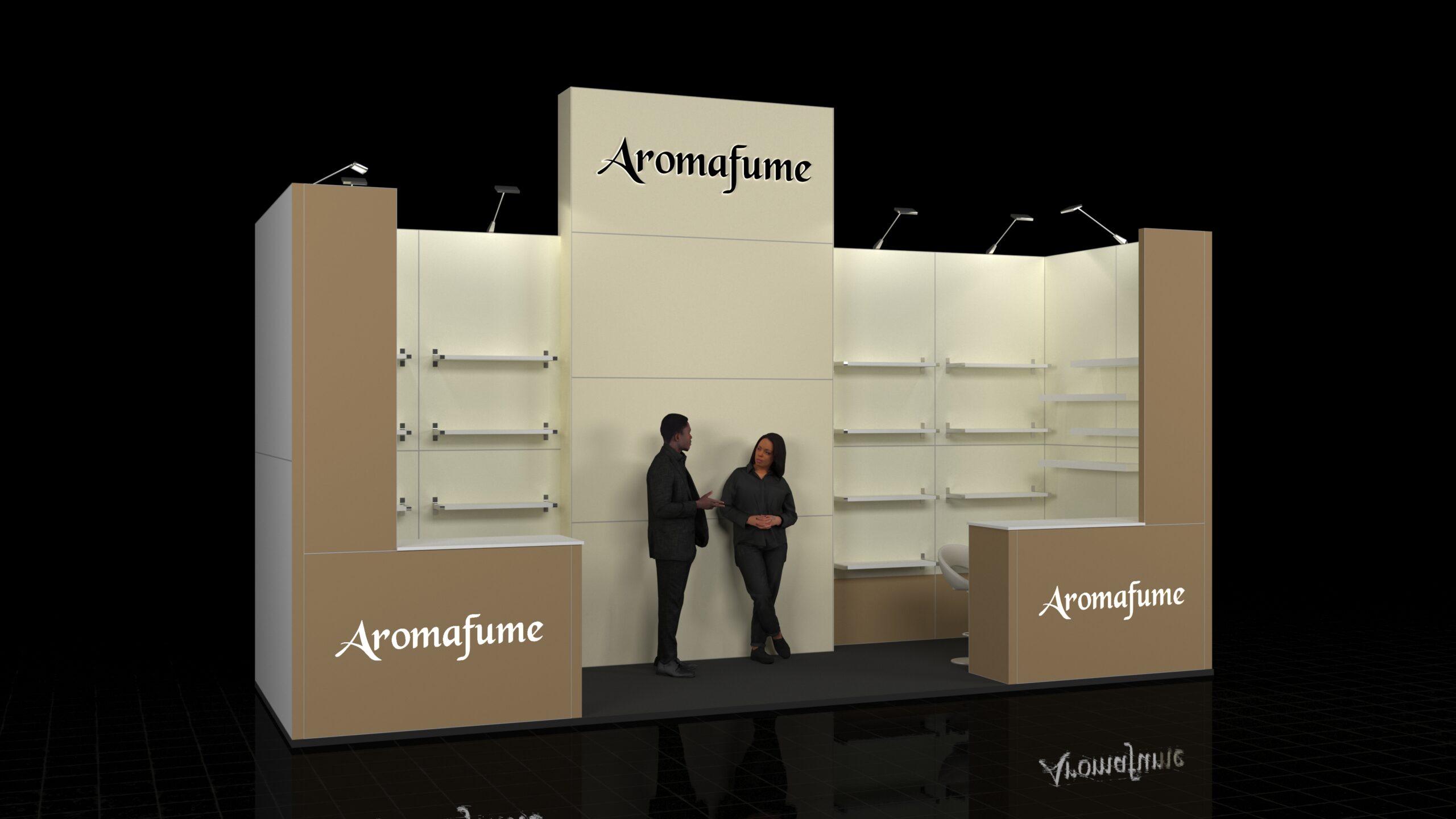 Exhibition stand with a tall, central header panel flanked by two large product display walls featuring multiple adjustable shelving units. Two large reception counters/storage columns anchor the stand at the front corners.
