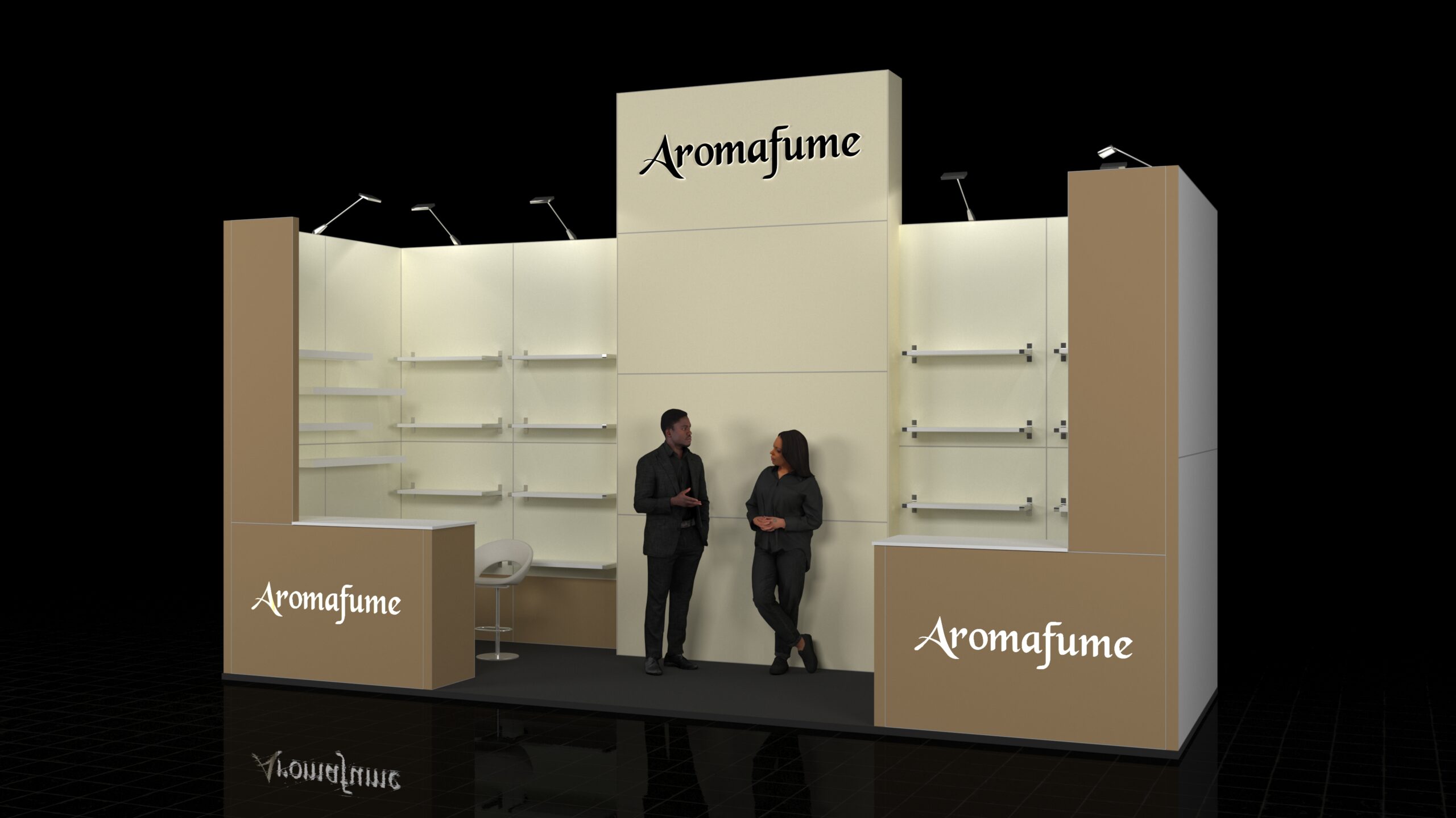 Redhill3 Exhibition stand with a tall, central header panel flanked by two large product display walls featuring multiple adjustable shelving units. Two large reception counters/storage columns anchor the stand at the front corners.