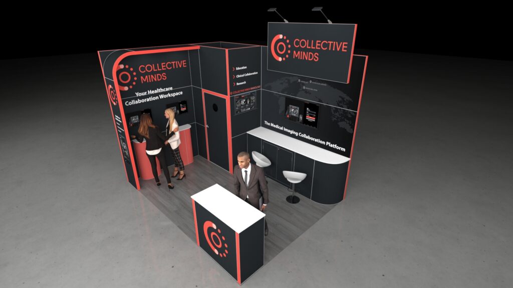 Multi-faceted exhibition stand with a front reception counter, an internal consultation counter, and a demonstration bar with stools. The back wall features a product wall with two digital screens and a storage room/office door. The structure is topped by an elevated header panel.