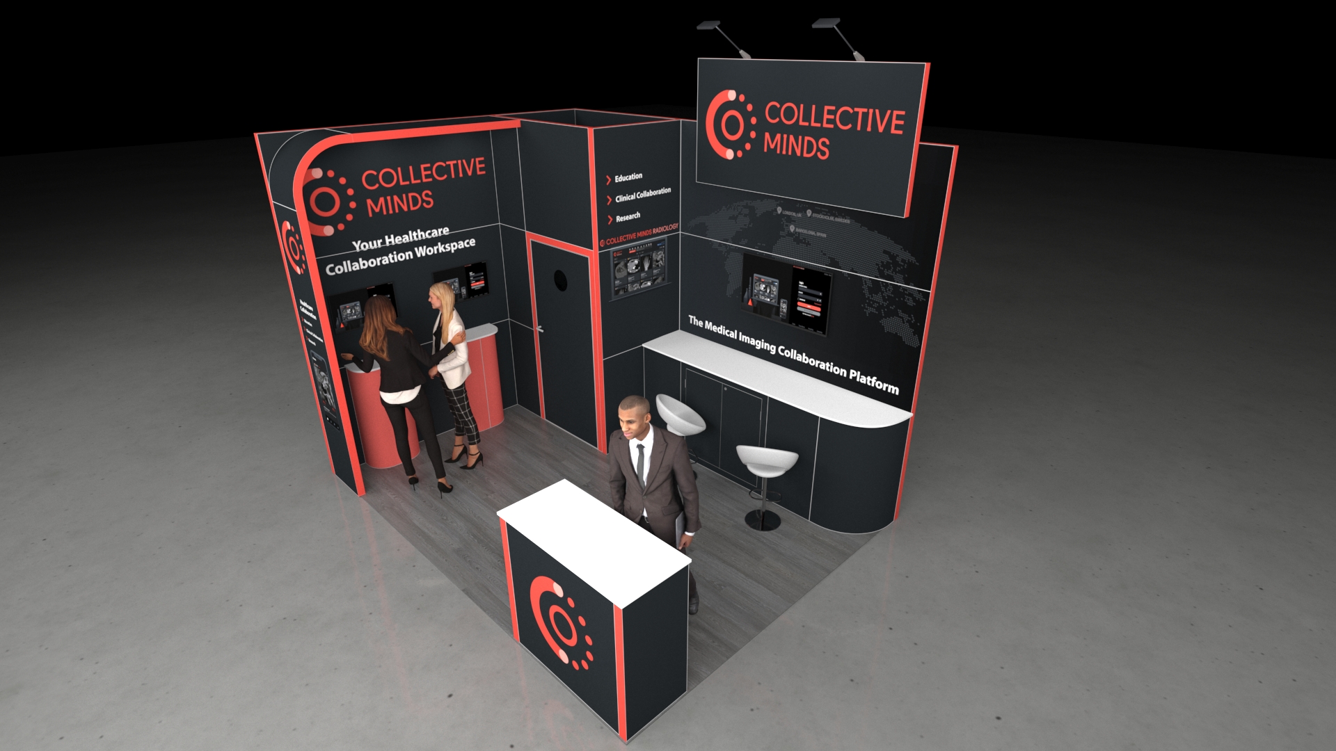 Multi-faceted exhibition stand with a front reception counter, an internal consultation counter, and a demonstration bar with stools. The back wall features a product wall with two digital screens and a storage room/office door. The structure is topped by an elevated header panel.