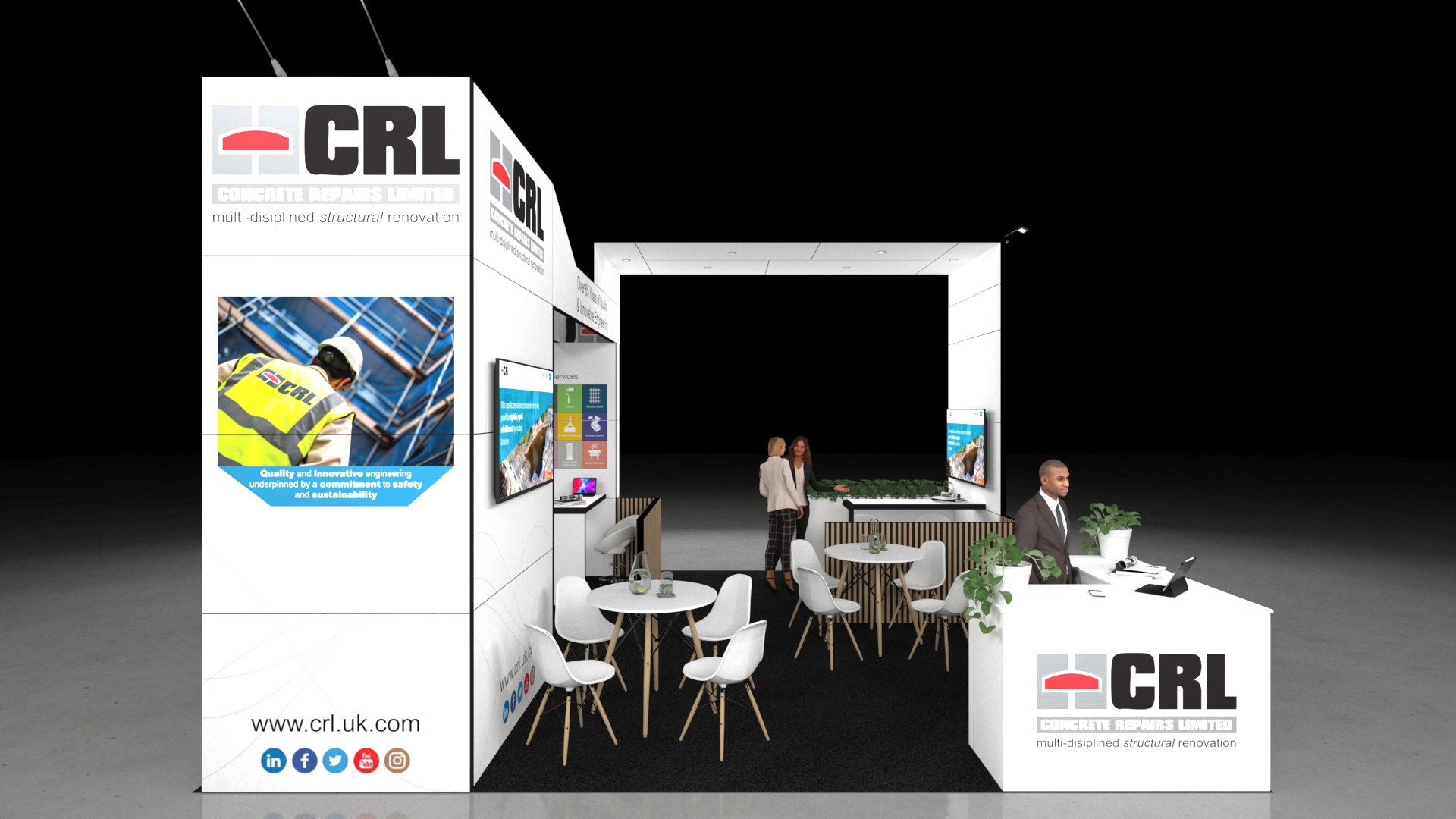 sanmarino2 A 6x6 metre exhibition stand. The open layout includes a central reception counter, two round meeting tables, and a rear service bar with a wooden slatted screen. An overhead arch connects the main pillars. People are shown interacting around the integrated screens and graphics.