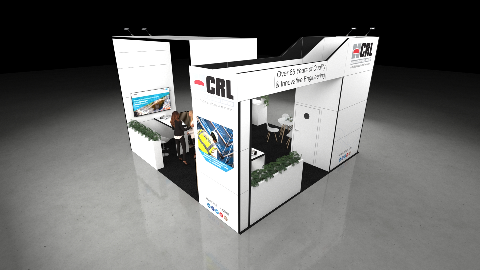 sanmarino3 A 6x6 metre exhibition stand. The open layout includes a central reception counter, two round meeting tables, and a rear service bar with a wooden slatted screen. An overhead arch connects the main pillars. People are shown interacting around the integrated screens and graphics.