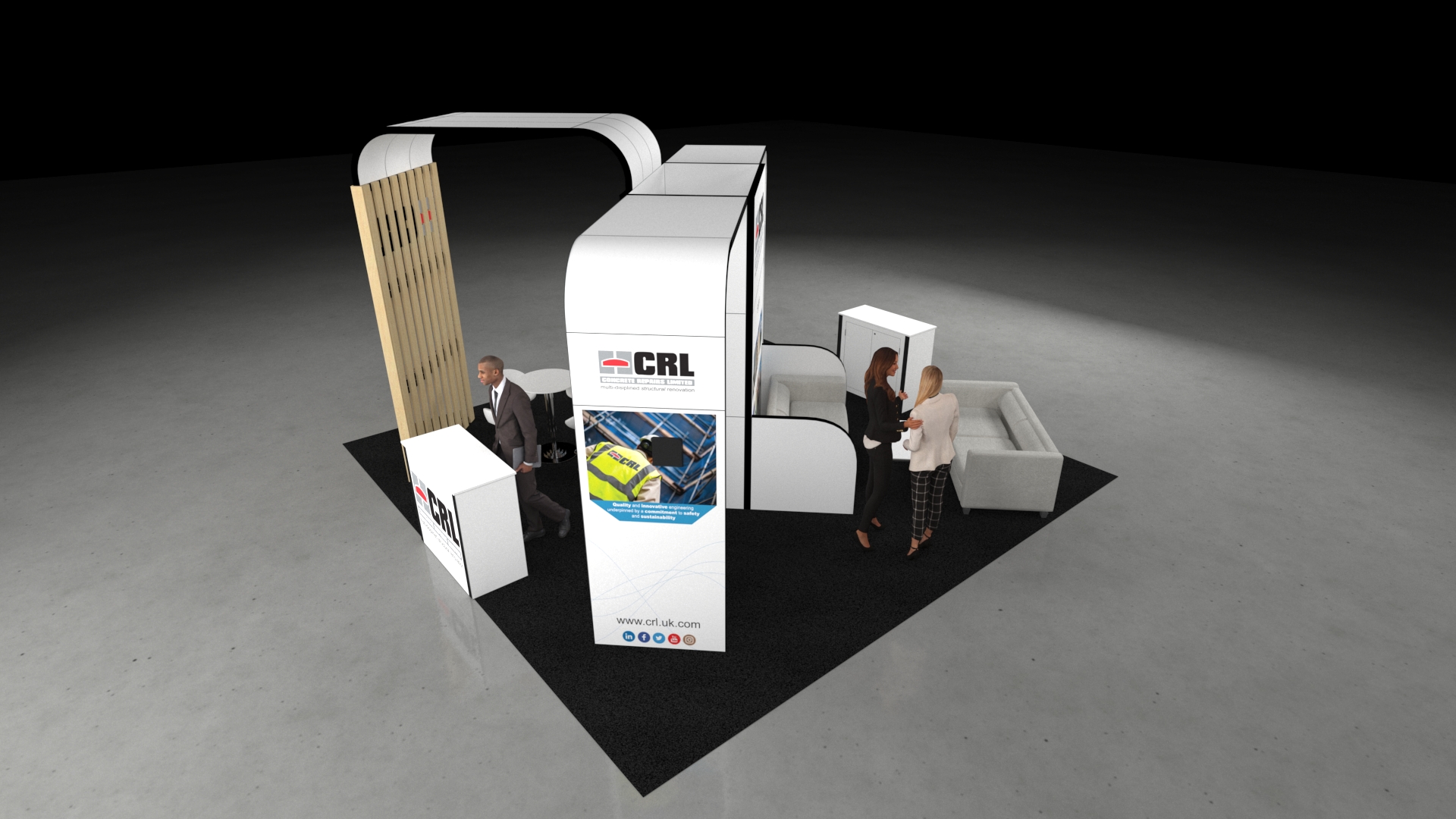 A 6x6 metre exhibition stand. The modern, architectural design features curved walls, a central reception desk, and an arched overhead canopy. The space is defined by a tall slatted wood-effect screen and includes a semi-private seating area and integrated digital screens.