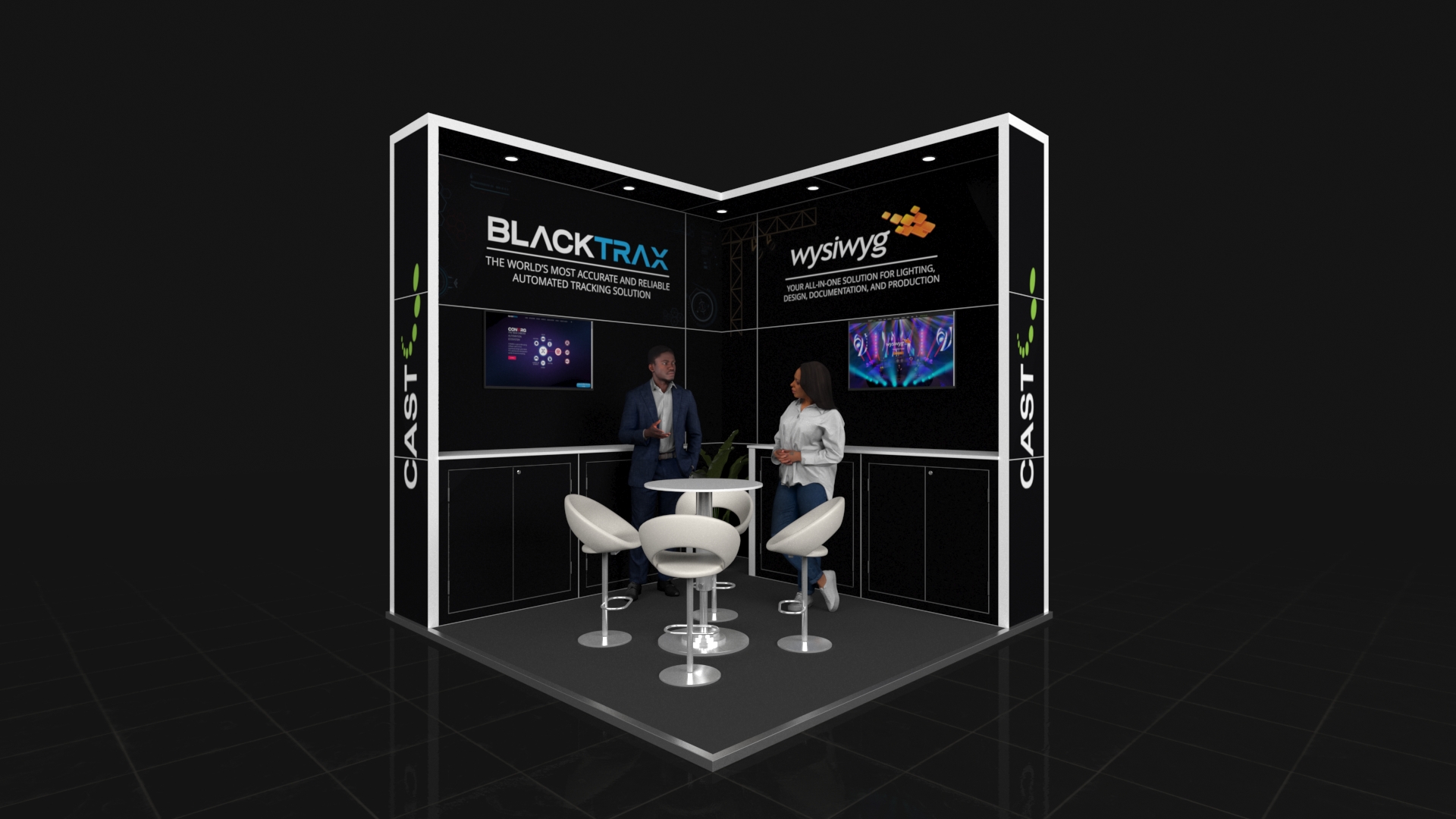 L-shaped corner exhibition stand configured as a meeting space. It features two solid back walls with integrated lockable storage cabinets below and two mounted digital screens above.