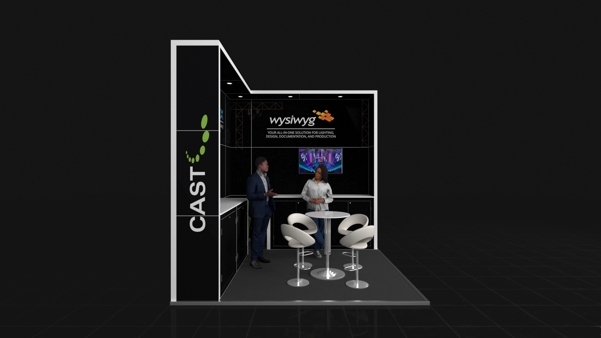 L-shaped corner exhibition stand configured as a meeting space. It features two solid back walls with integrated lockable storage cabinets below and two mounted digital screens above.