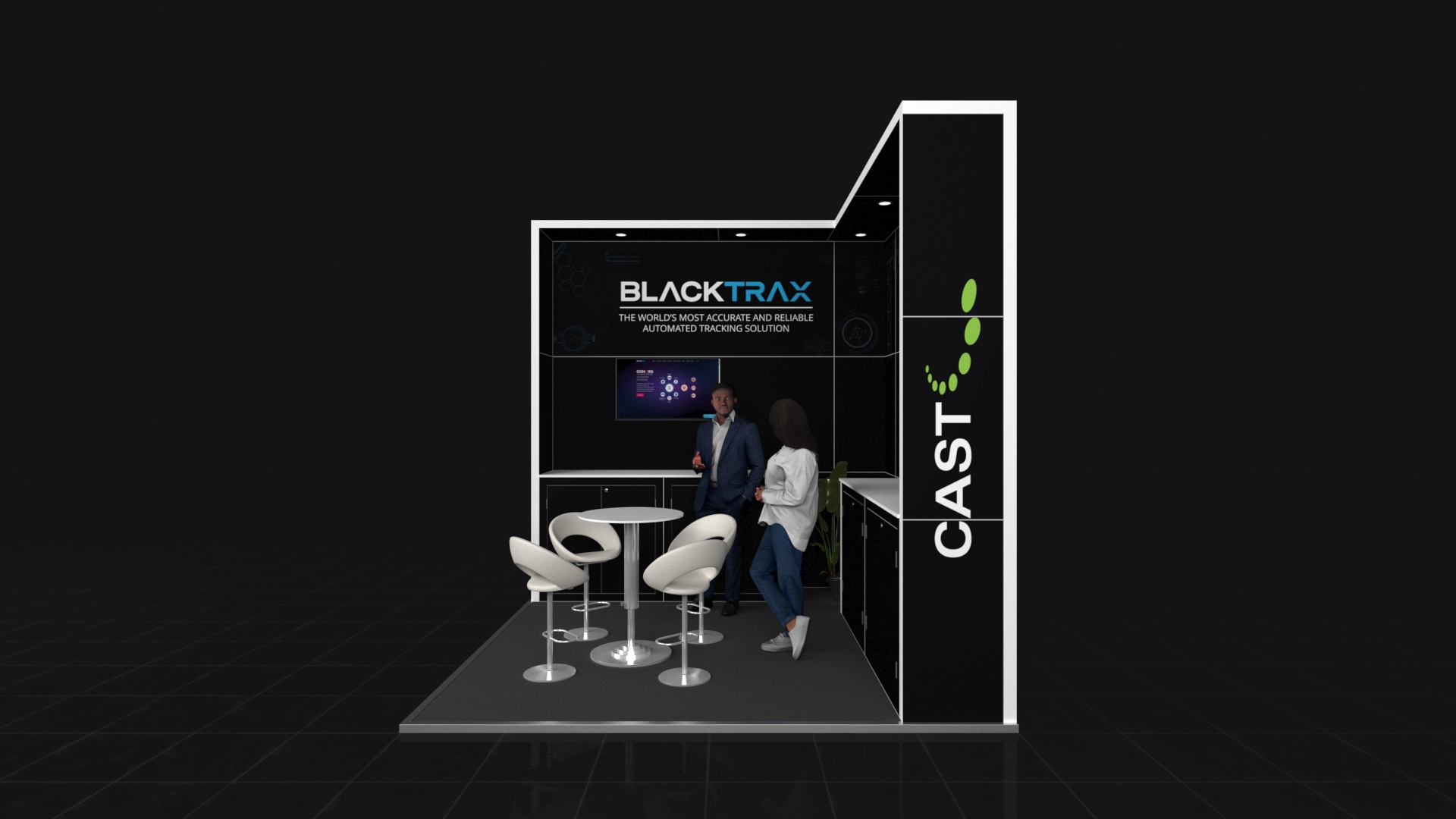 L-shaped corner exhibition stand configured as a meeting space. It features two solid back walls with integrated lockable storage cabinets below and two mounted digital screens above.