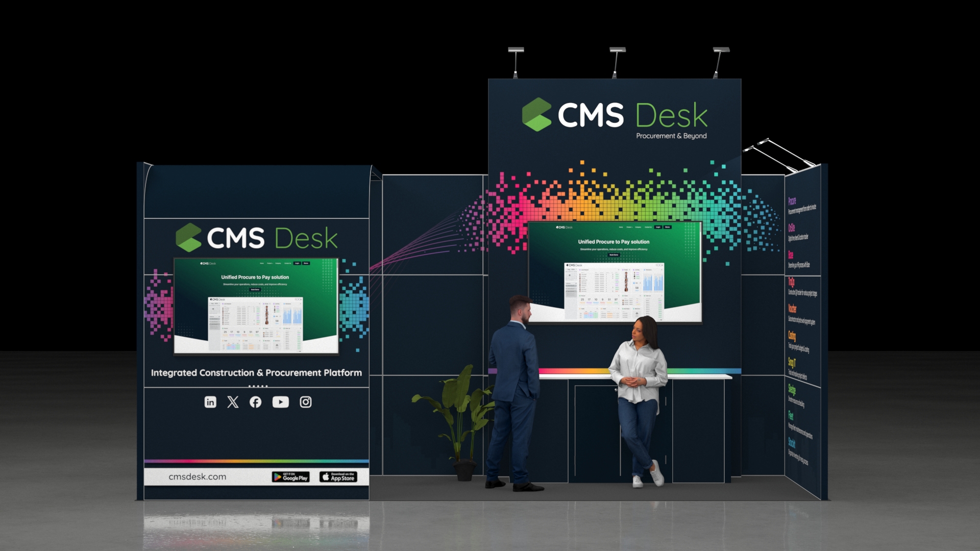 Dynamic exhibition stand featuring an elevated central tower with a large, integrated digital screen. A secondary digital display is mounted on the left-side graphic panel, and a low demonstration counter is positioned in front of the main screen. The stand is lit by overhead spotlights.