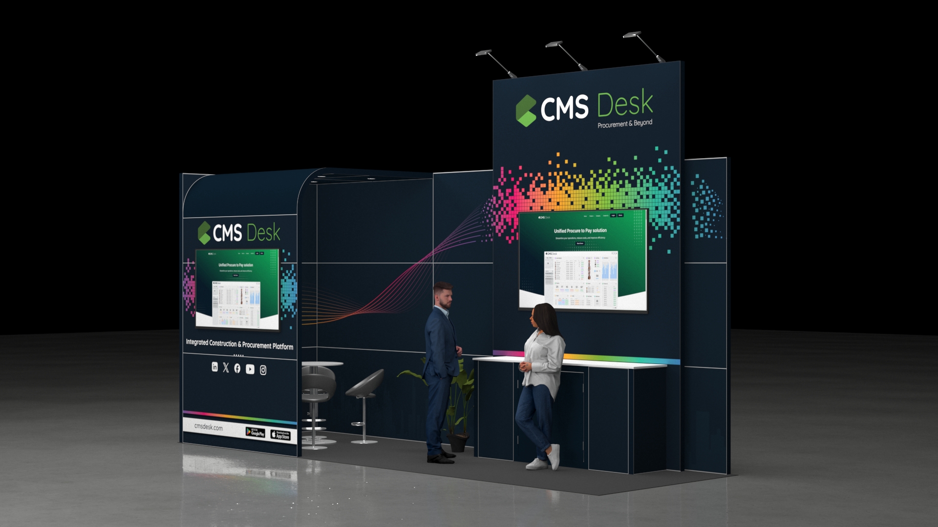Dynamic exhibition stand featuring an elevated central tower with a large, integrated digital screen. A secondary digital display is mounted on the left-side graphic panel, and a low demonstration counter is positioned in front of the main screen. The stand is lit by overhead spotlights.