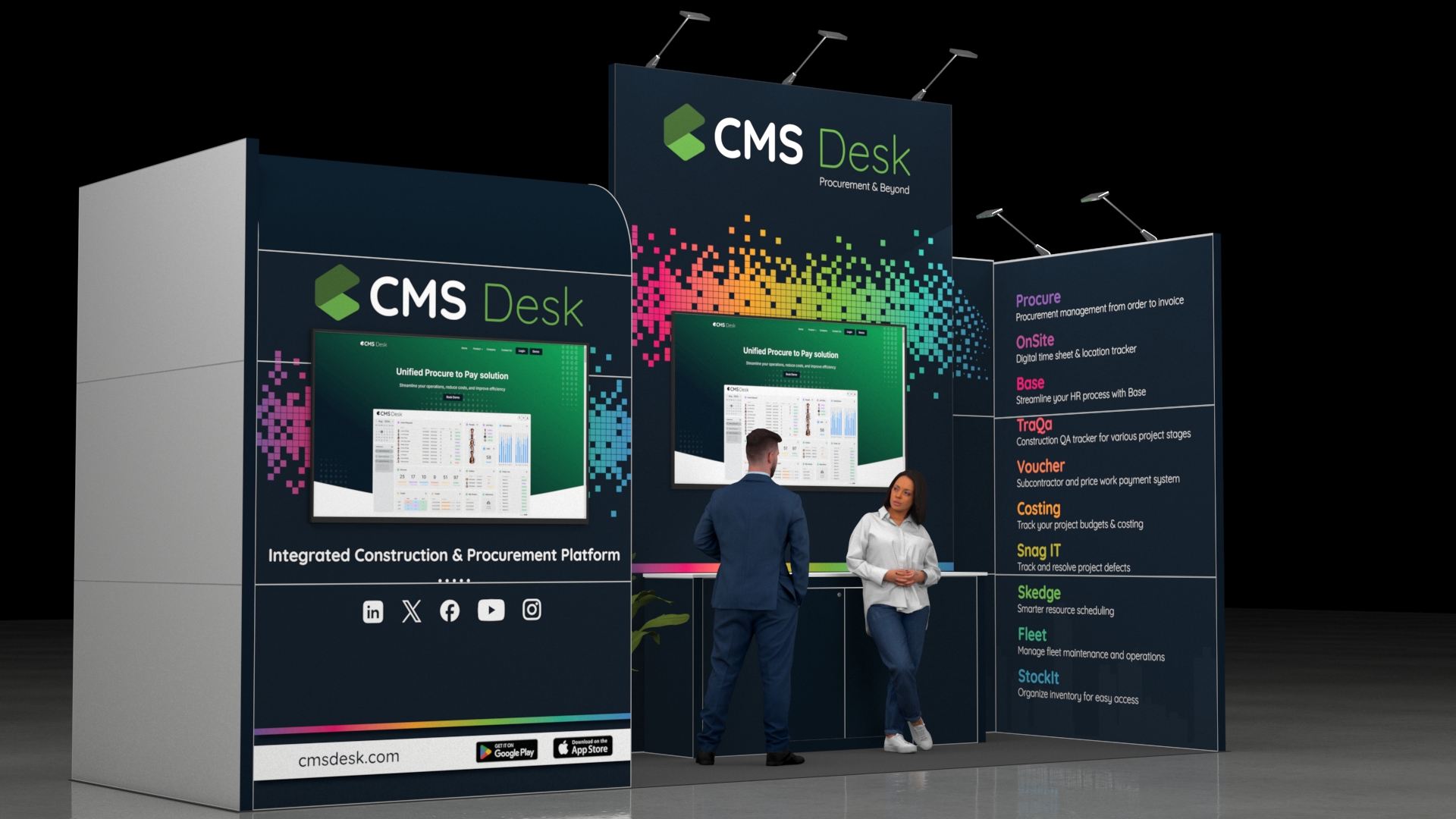 Dynamic exhibition stand featuring an elevated central tower with a large, integrated digital screen. A secondary digital display is mounted on the left-side graphic panel, and a low demonstration counter is positioned in front of the main screen. The stand is lit by overhead spotlights.