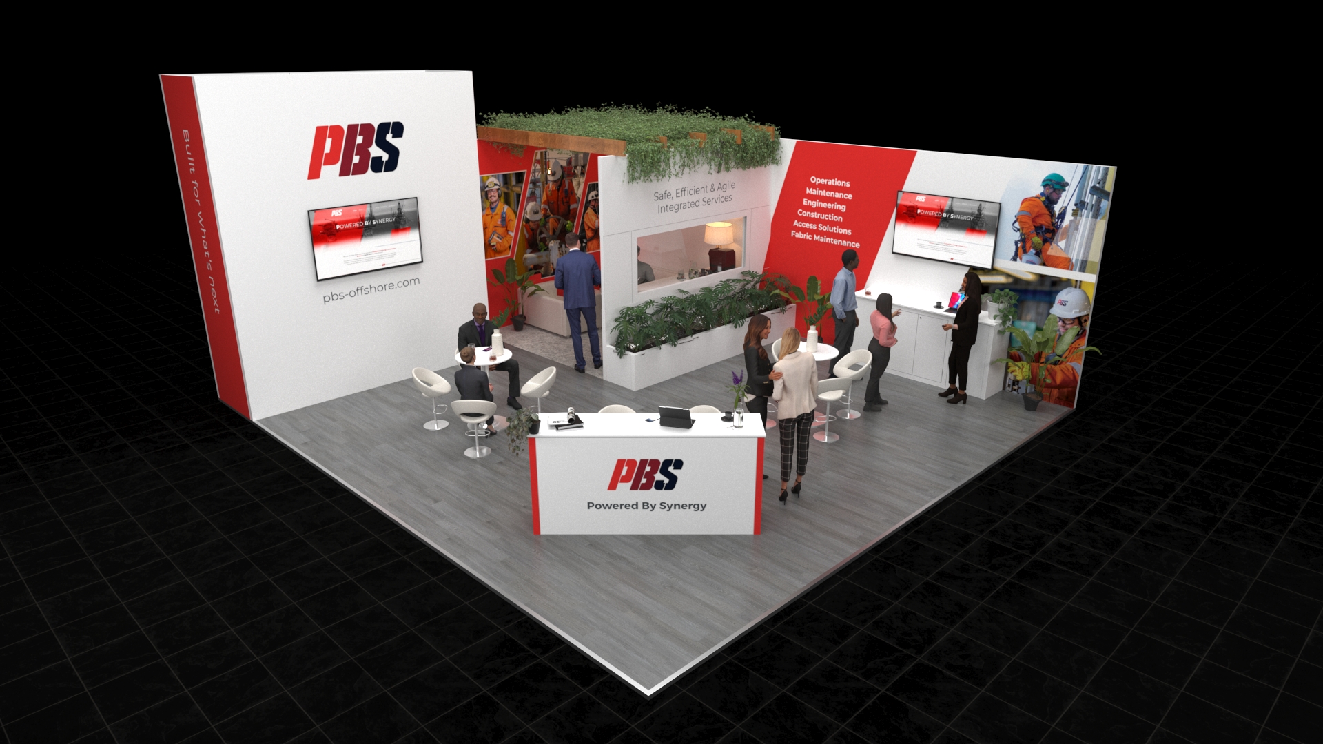An 8x8 metre exhibition stand. The modern stand features a central reception desk, a semi-enclosed private meeting area with a green leafy roof, and open networking space. Integrated digital screens and graphics display company services and industry visuals.