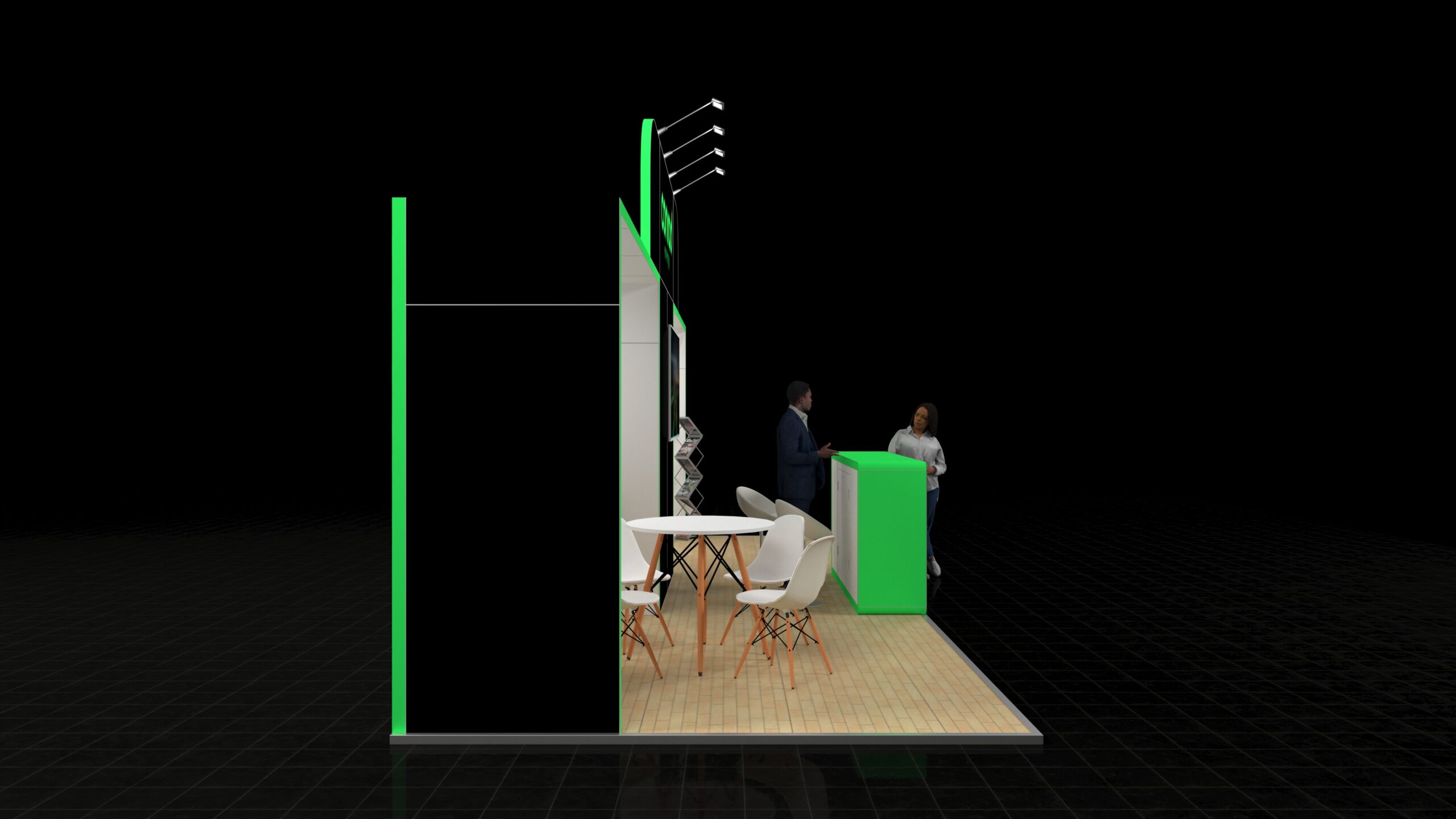 Florence1 A large 8x3 metre exhibition stand. The stand features a central reception desk with a large screen above, a small meeting area with white furniture, and a brochure rack.