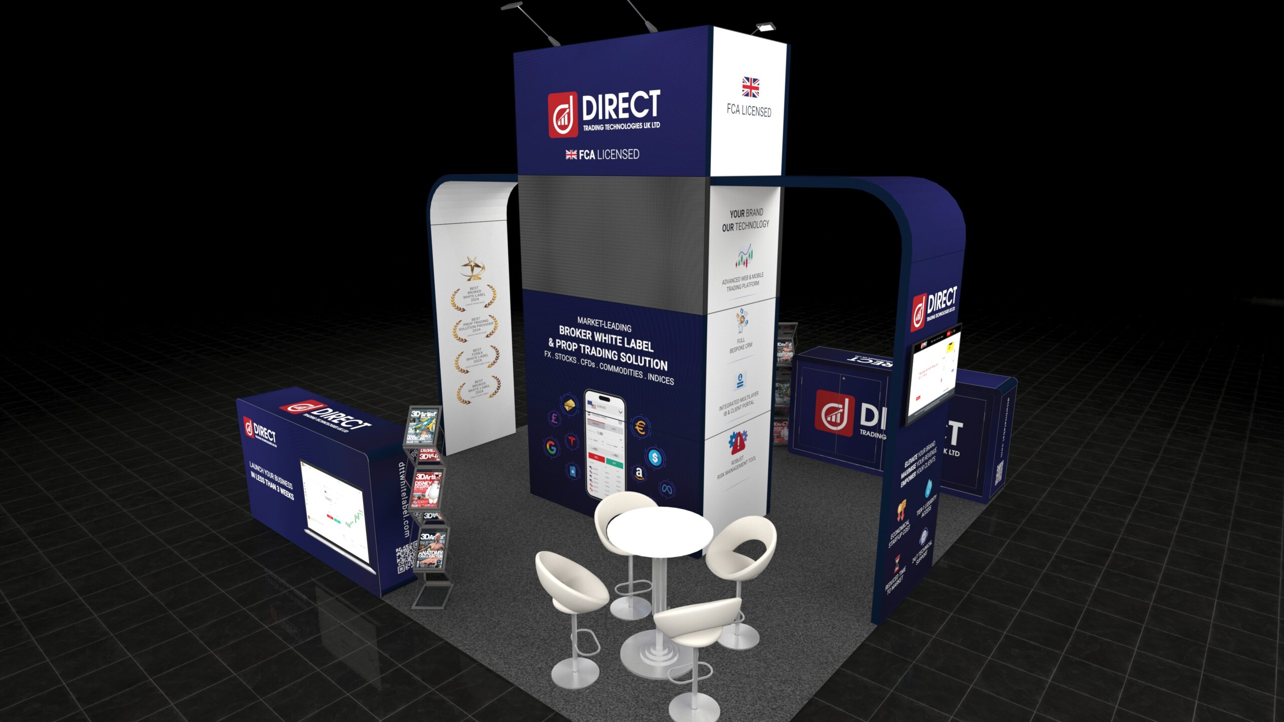 A 5x5 metre exhibition stand. The stand is dominated by a tall central tower featuring an oversized LED video screen and branding. The open layout includes a round high-table meeting area with white stools and a side counter for demonstrations.