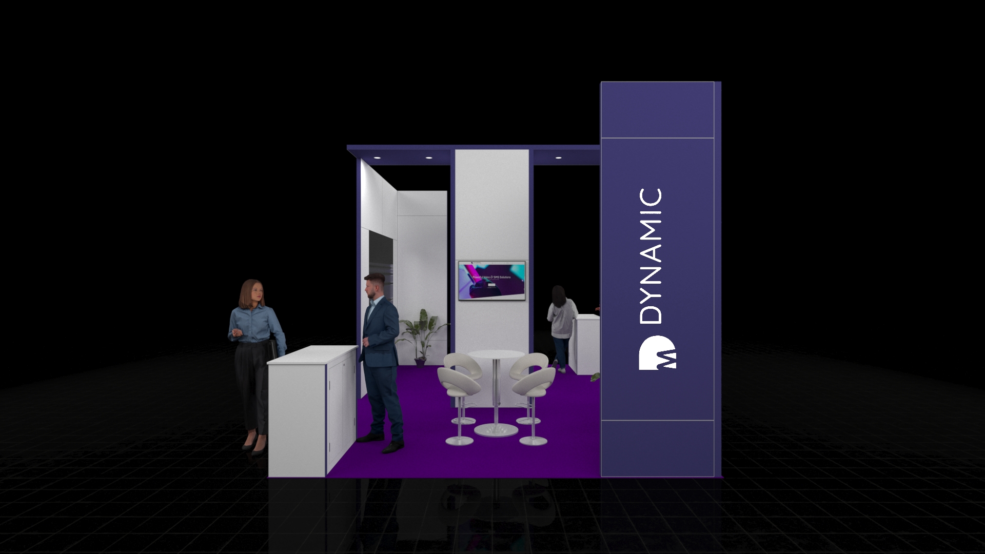 Bordeaux3 A 5x4 metre exhibition stand. The modern design features a central reception counter, a seating area with high stools, and an integrated digital screen on the back wall.