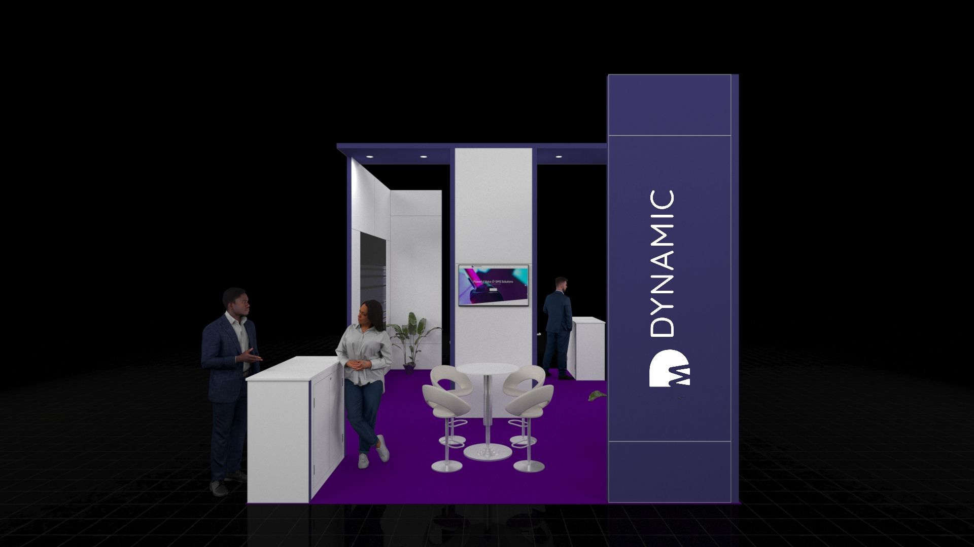 Bordeaux4 A 5x4 metre exhibition stand. The modern design features a central reception counter, a seating area with high stools, and an integrated digital screen on the back wall.