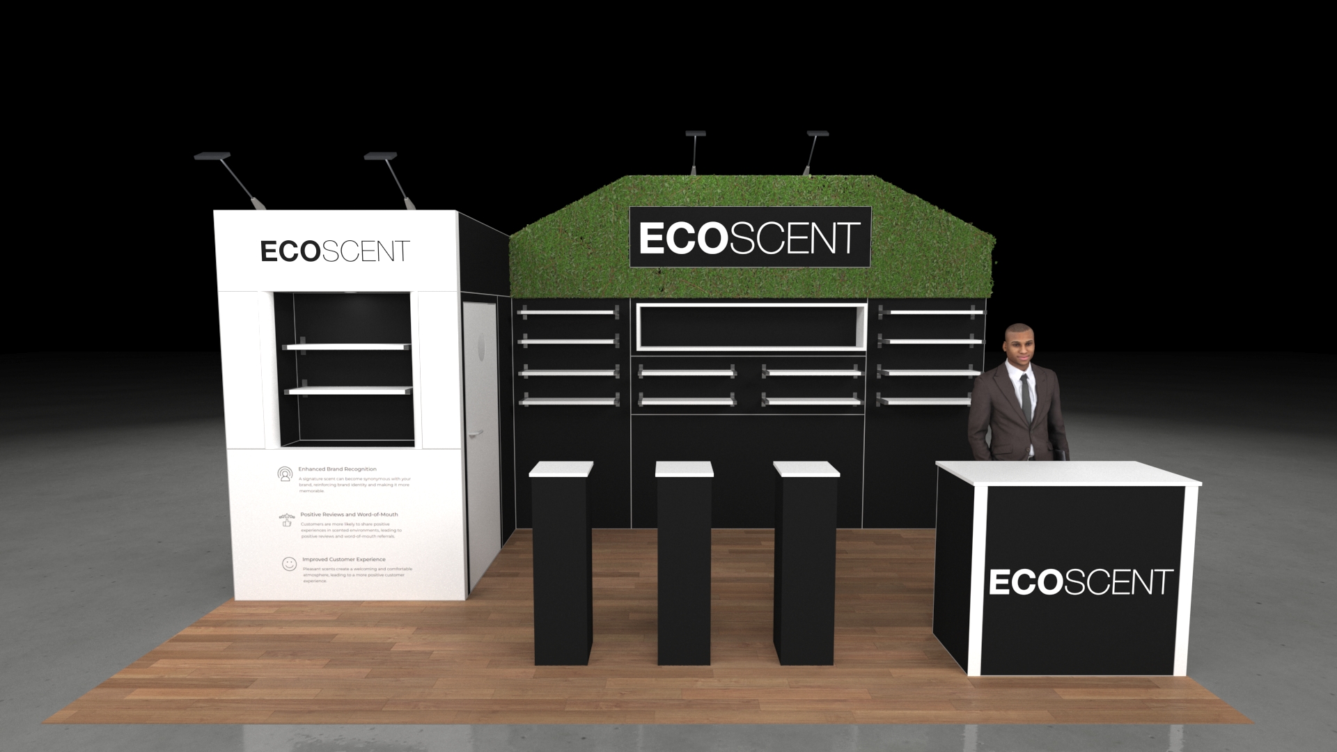 A 6x3 metre exhibition stand. The design features a large central green wall backdrop and a prominent reception counter. The stand incorporates multiple product shelving units and three black presentation plinths.
