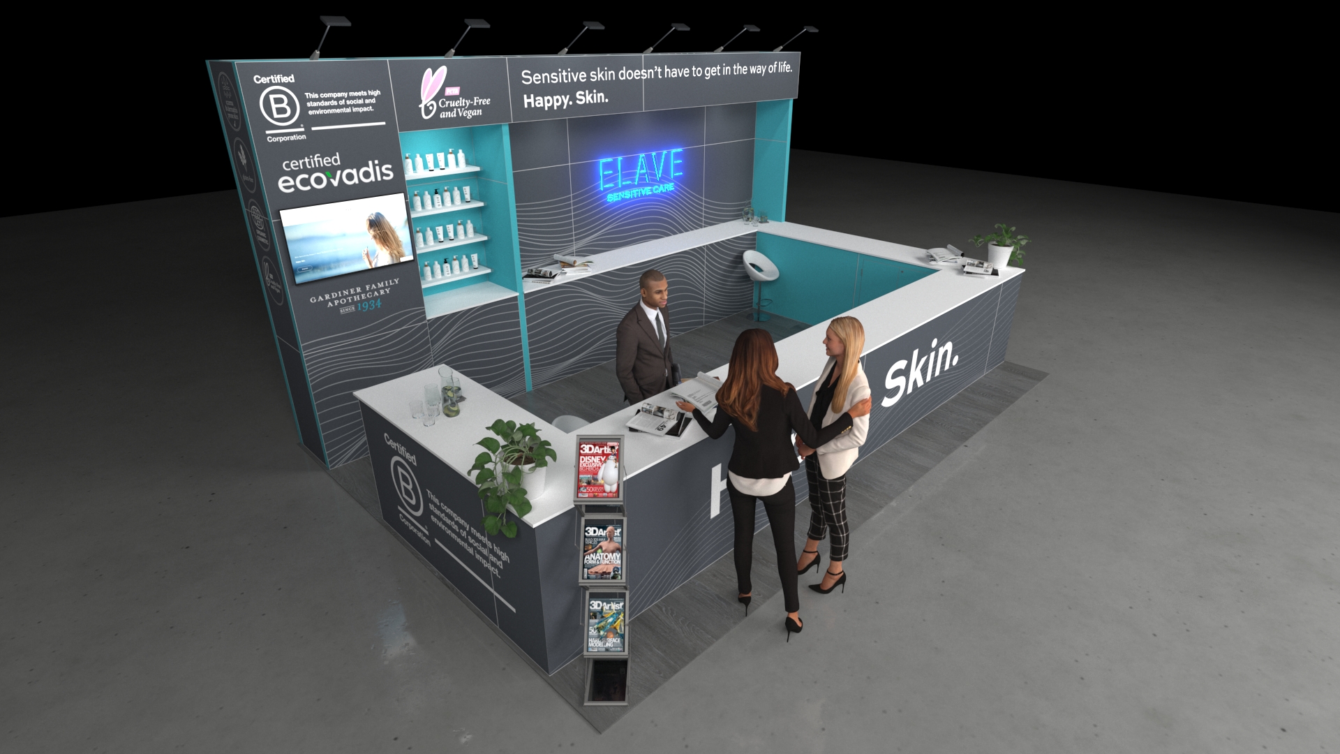 A 6x4 metre exhibition stand. The stand features a long, U-shaped white reception counter and a back wall with integrated product shelving and a large neon logo. An arched niche creates a focal point.