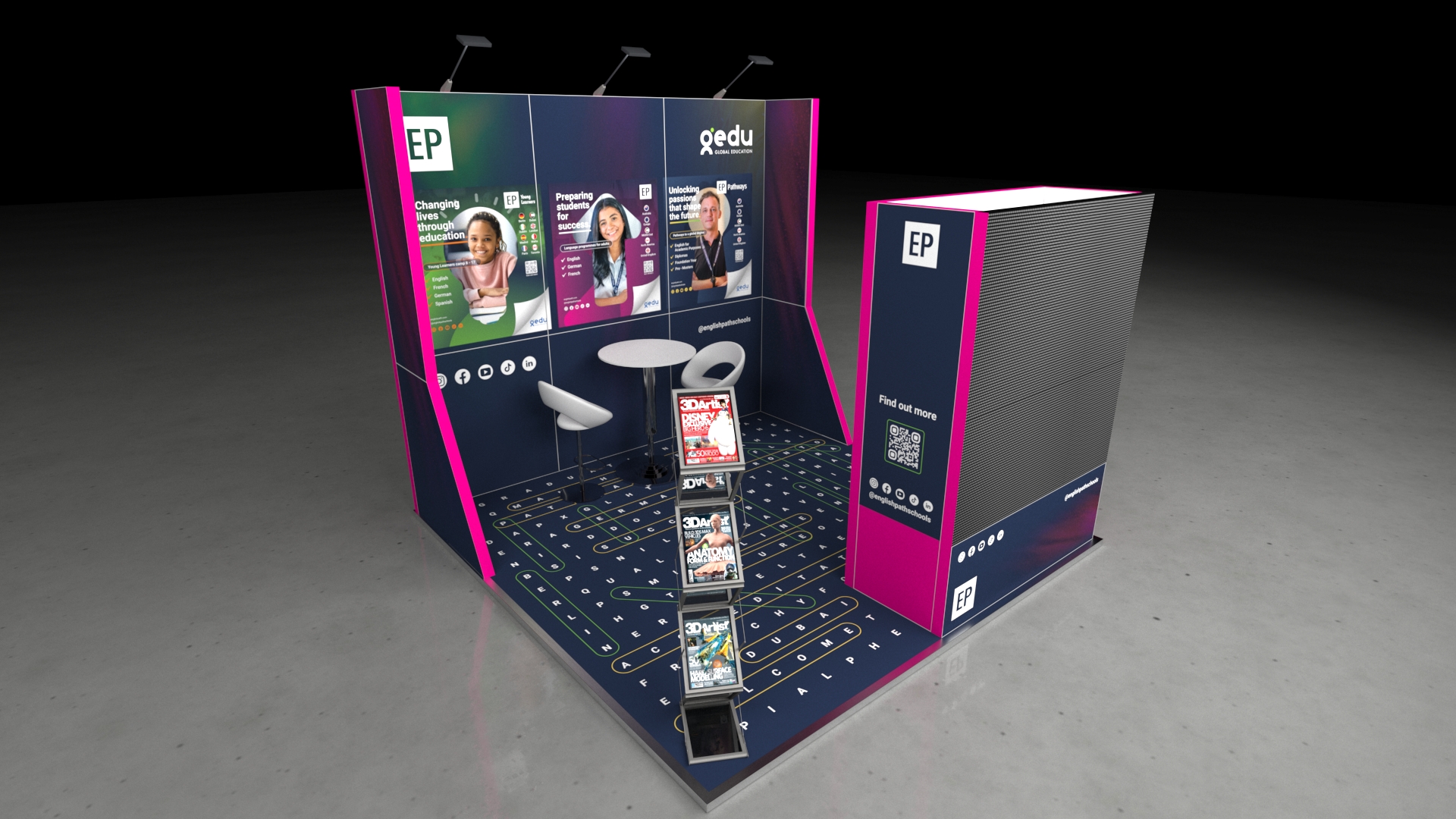 A 3x3 metre exhibition stand. The compact design features a back wall with large graphics, a small meeting area with a high table and white seating, and a tall, prominent display tower. The floor features an crossword themed graphic.