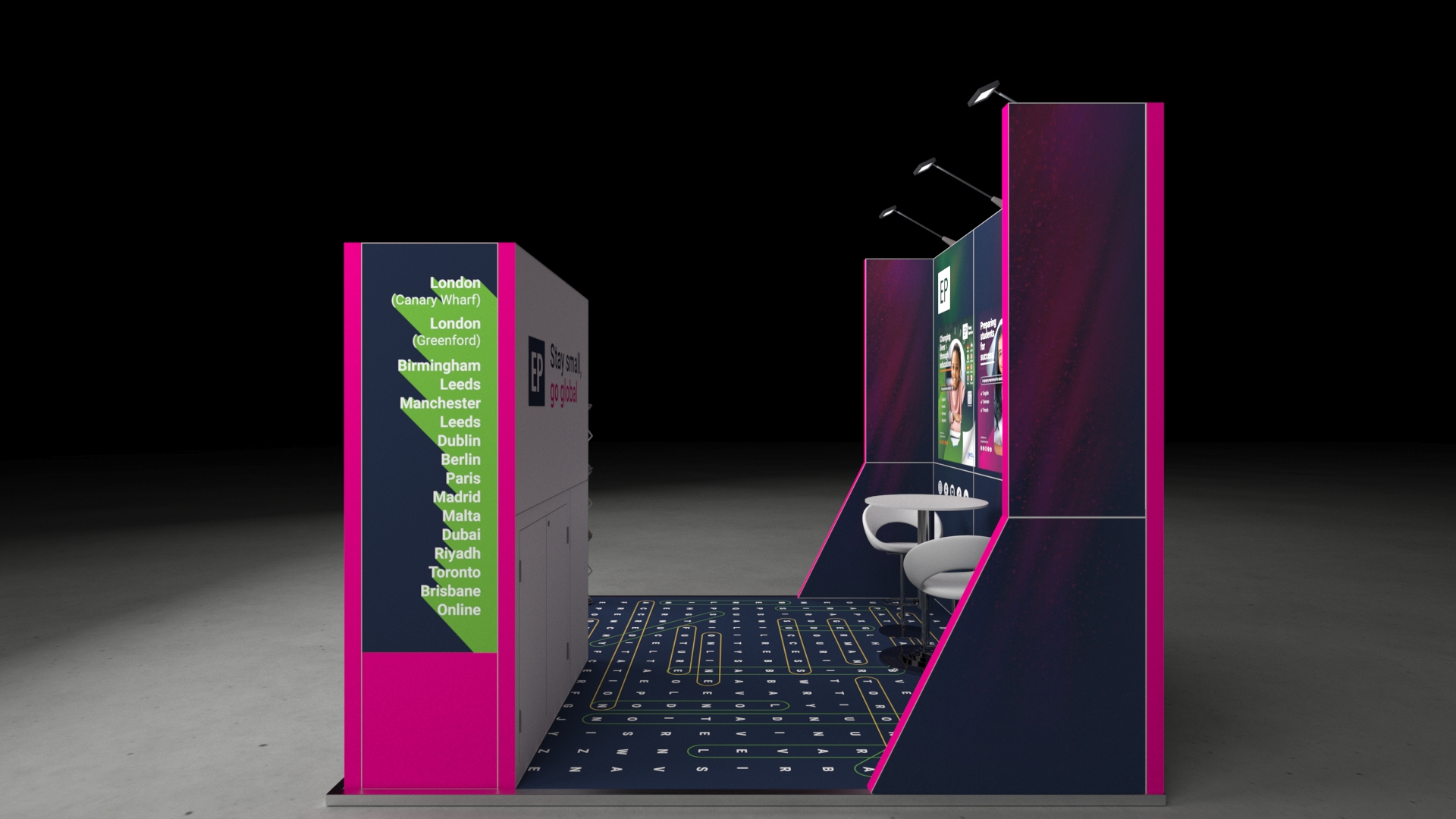A 3x3 metre exhibition stand. The compact design features a back wall with large graphics, a small meeting area with a high table and white seating, and a tall, prominent display tower. The floor features an crossword themed graphic.