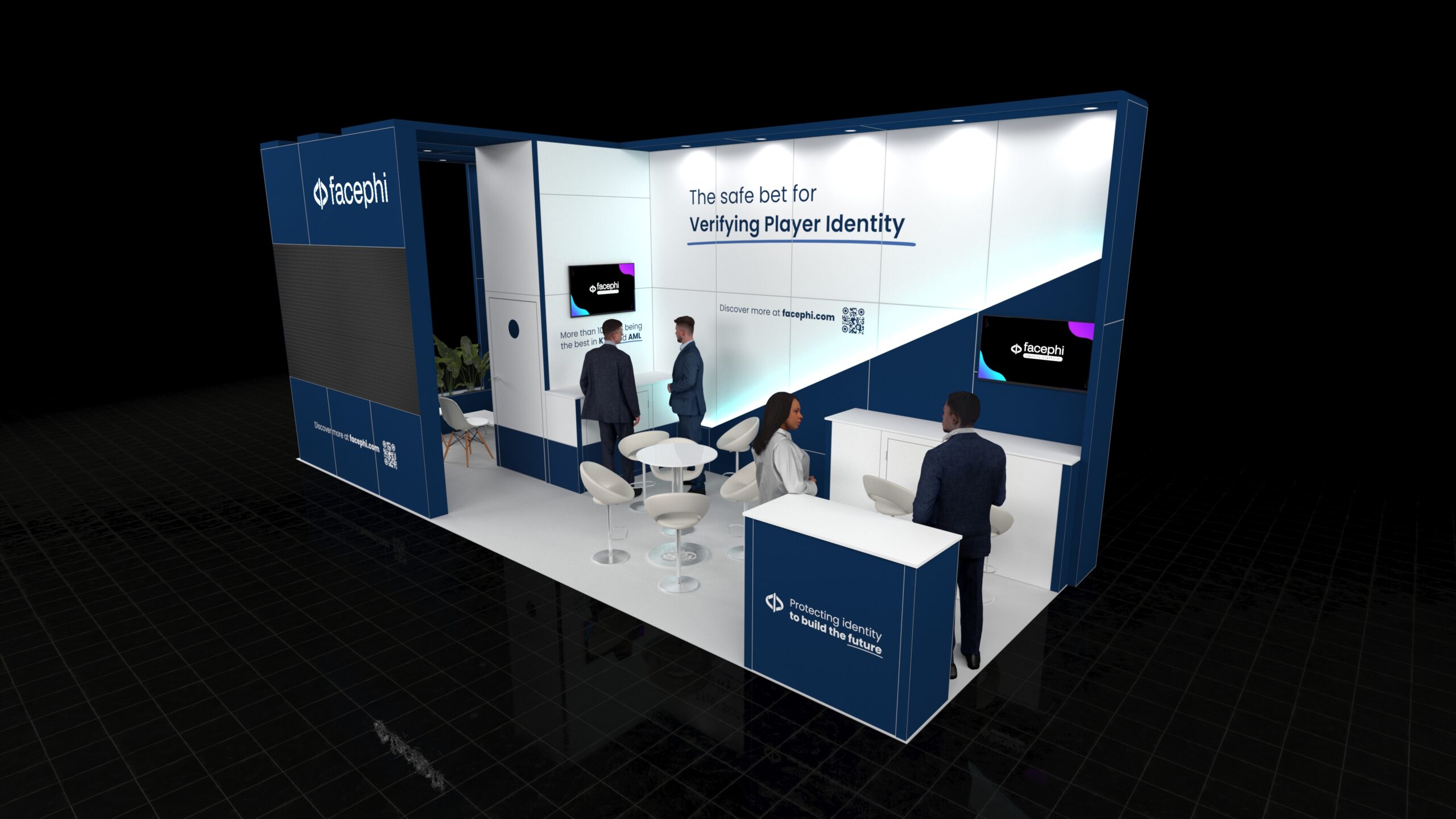 A 8x3 metre exhibition stand. The corner stand has a modern design with accent elements. Features include a large external LED video wall, a meeting area and a front reception counter. Digital screens are integrated into the interior walls.