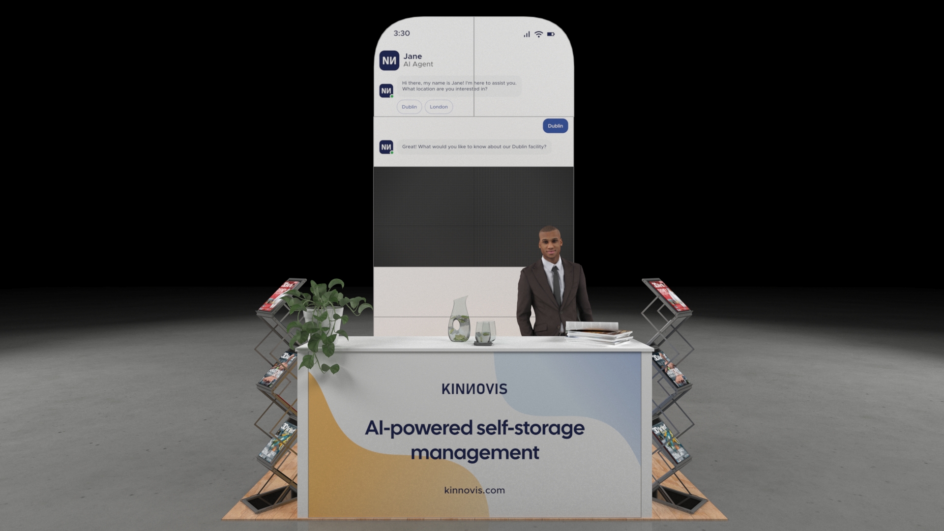 Salzburg_3 A contemporary 6x3m island exhibition stand with a tall, arched structure. The stand features a front reception counter, a large integrated video wall, a second smaller monitor in a consultation area, and multiple magazine racks. The floor is light wood on a grey background.