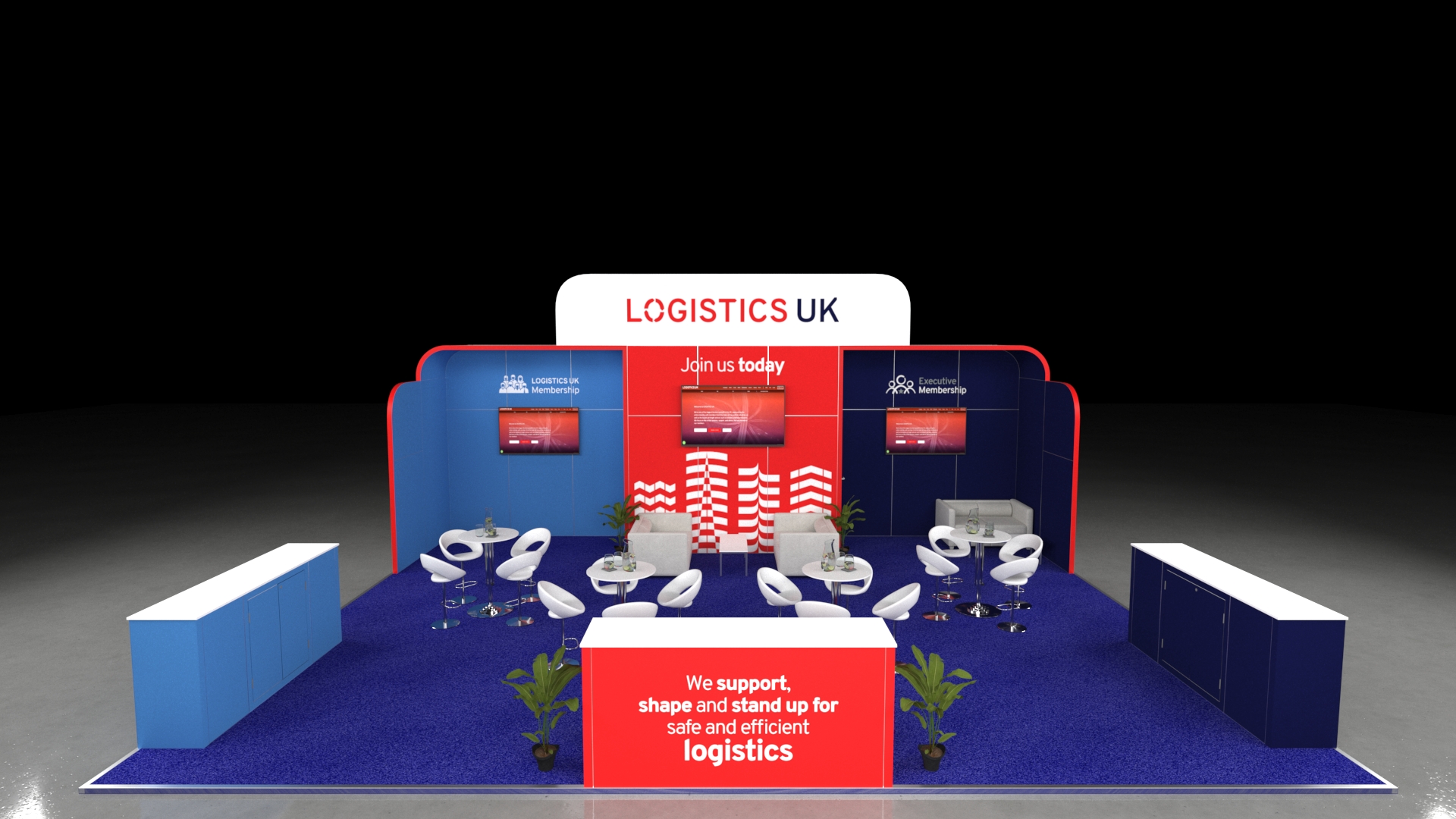 Beachport4 Large exhibition stand with high walls, multiple display screens, casual meeting tables, and perimeter reception counters.