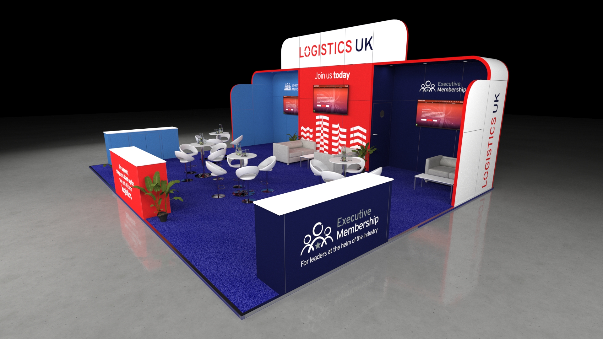 Beachport1 Large exhibition stand with high walls, multiple display screens, casual meeting tables, and perimeter reception counters.