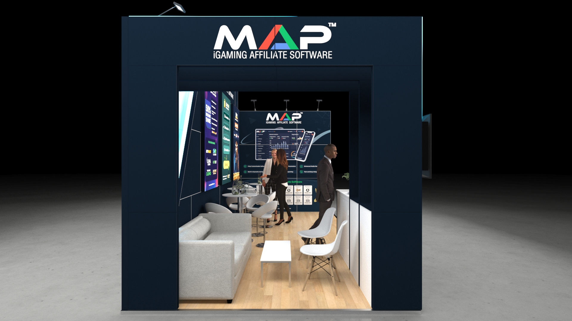 Riverlands1 High-impact, multi-zone exhibition stand with high walls creating separate private lounge areas. Features numerous digital screens and a prominent overhead header.