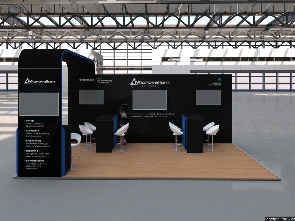 6x4 exhibition stand with a tall structural archway entrance. The back wall includes two recessed screens and the floor space has two matching demonstration kiosks with high stools.