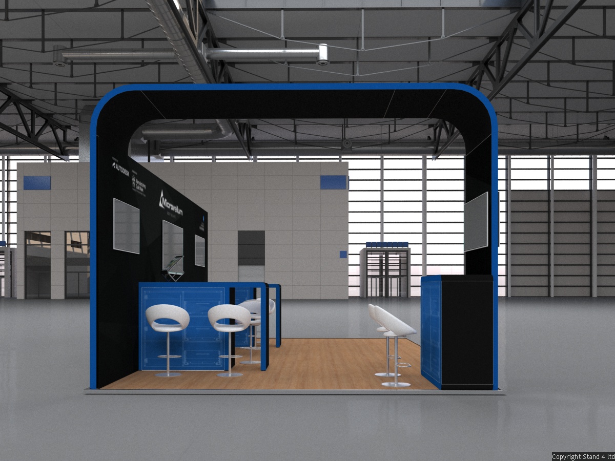 Blenheim2 6x4 exhibition stand with a tall structural archway entrance. The back wall includes two recessed screens and the floor space has two matching demonstration kiosks with high stools.