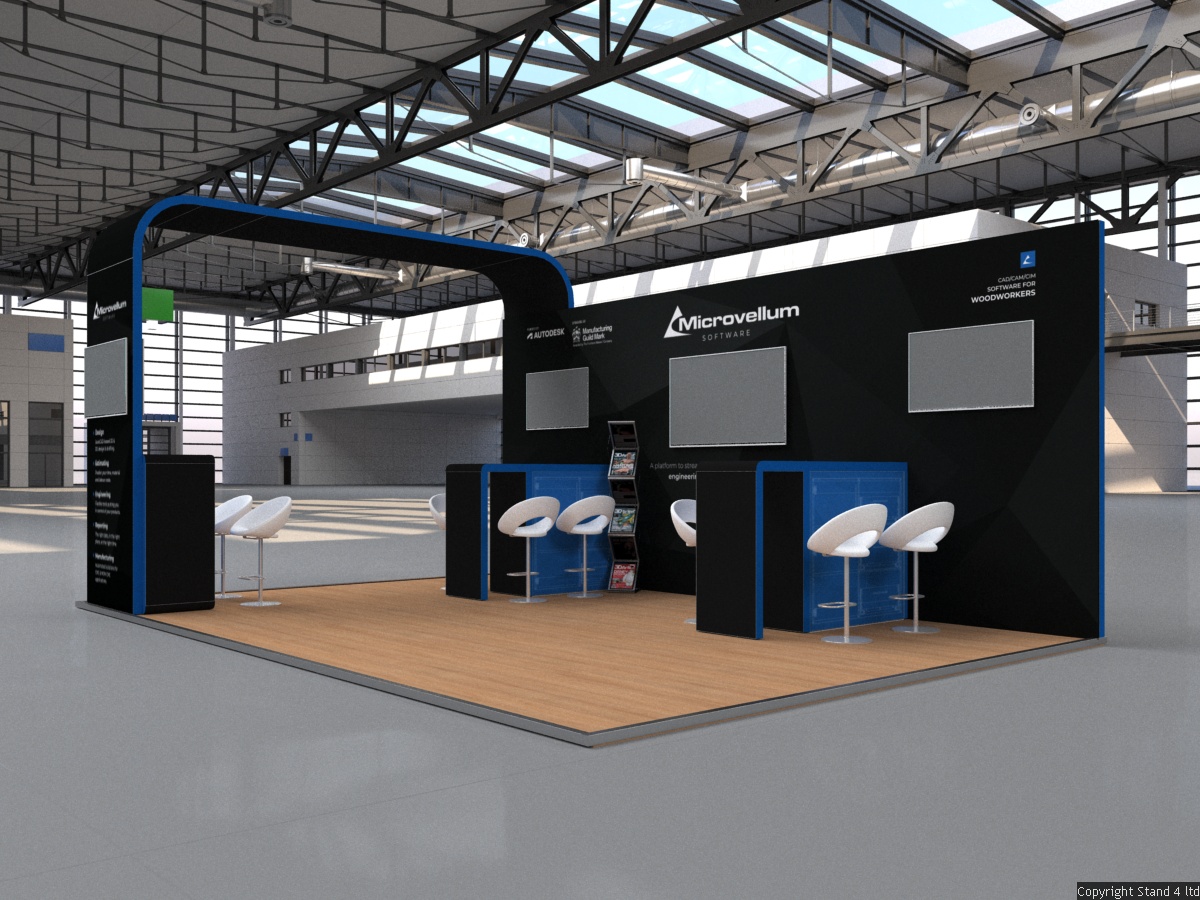 Blenheim3 6x4 exhibition stand with a tall structural archway entrance. The back wall includes two recessed screens and the floor space has two matching demonstration kiosks with high stools.