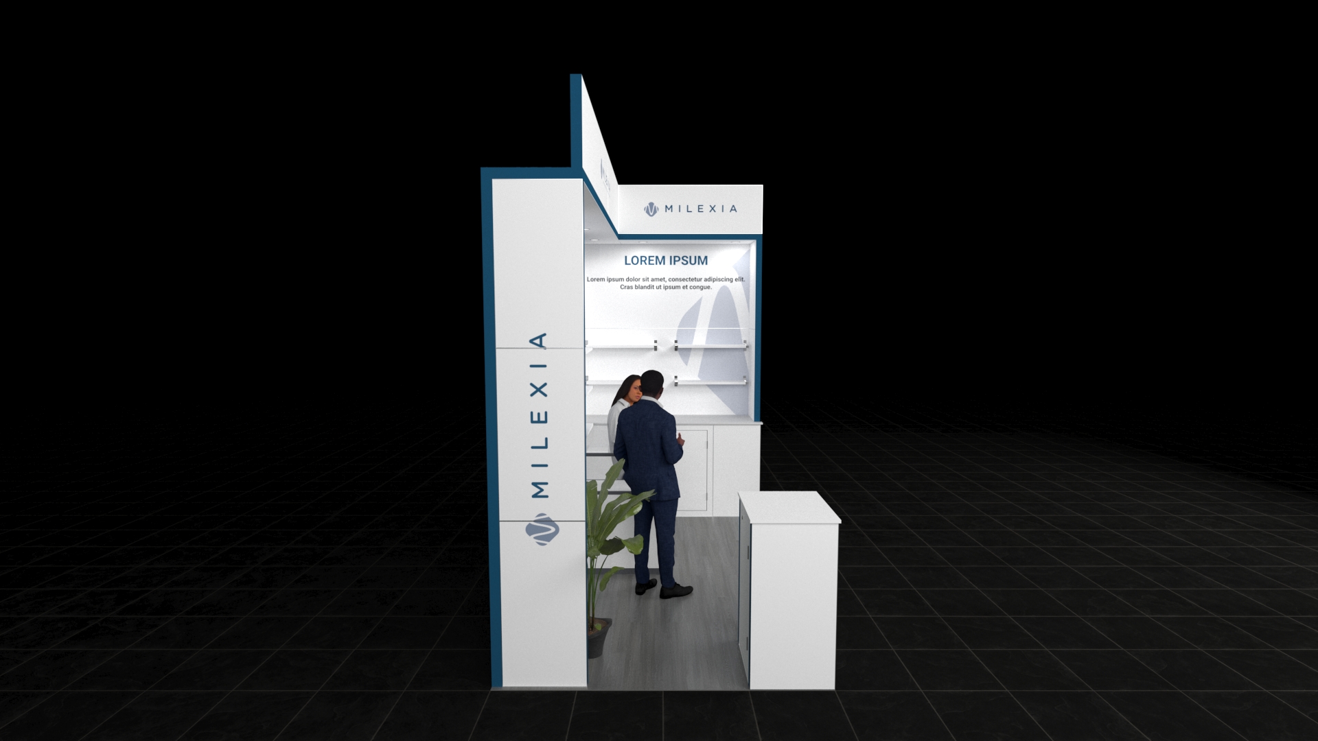2x3 exhibition booth with central counter, illuminated shelving on back and side walls, two printed panels, overhead lighting, and a decorative plant.