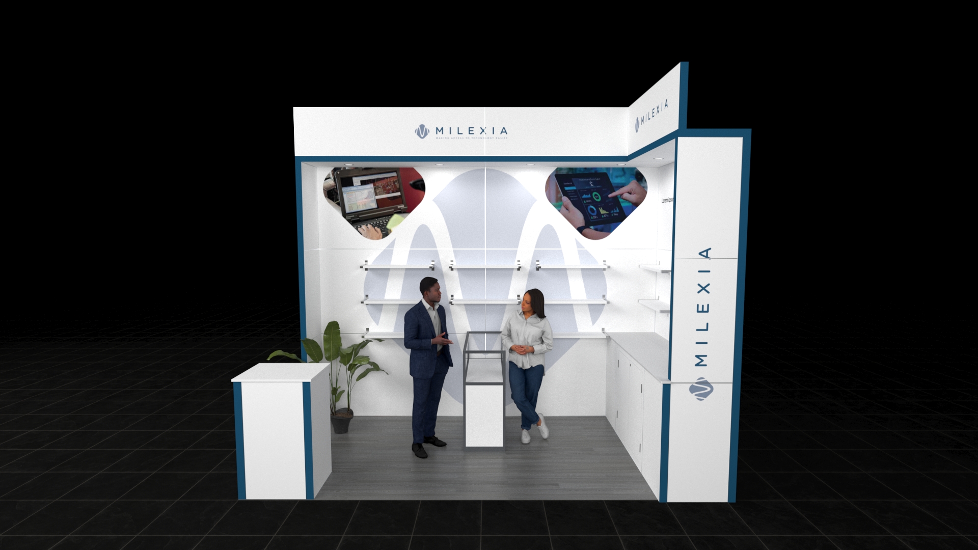2x3 exhibition booth with central counter, illuminated shelving on back and side walls, two printed panels, overhead lighting, and a decorative plant.