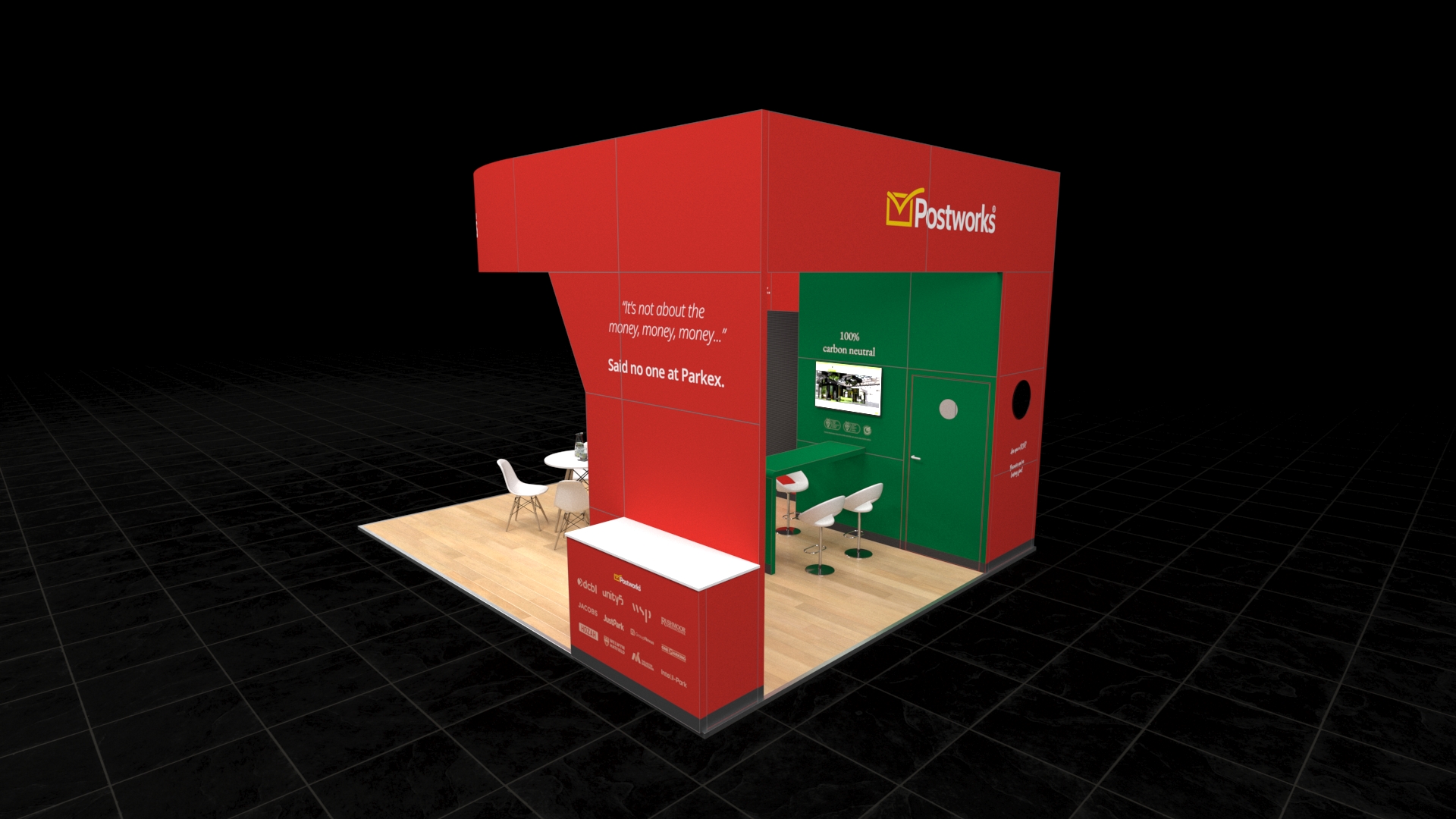 Curved, immersive exhibition stand with a high, curved roof structure. Features a large, integrated display panel and a separate casual meeting area with a round table and chairs